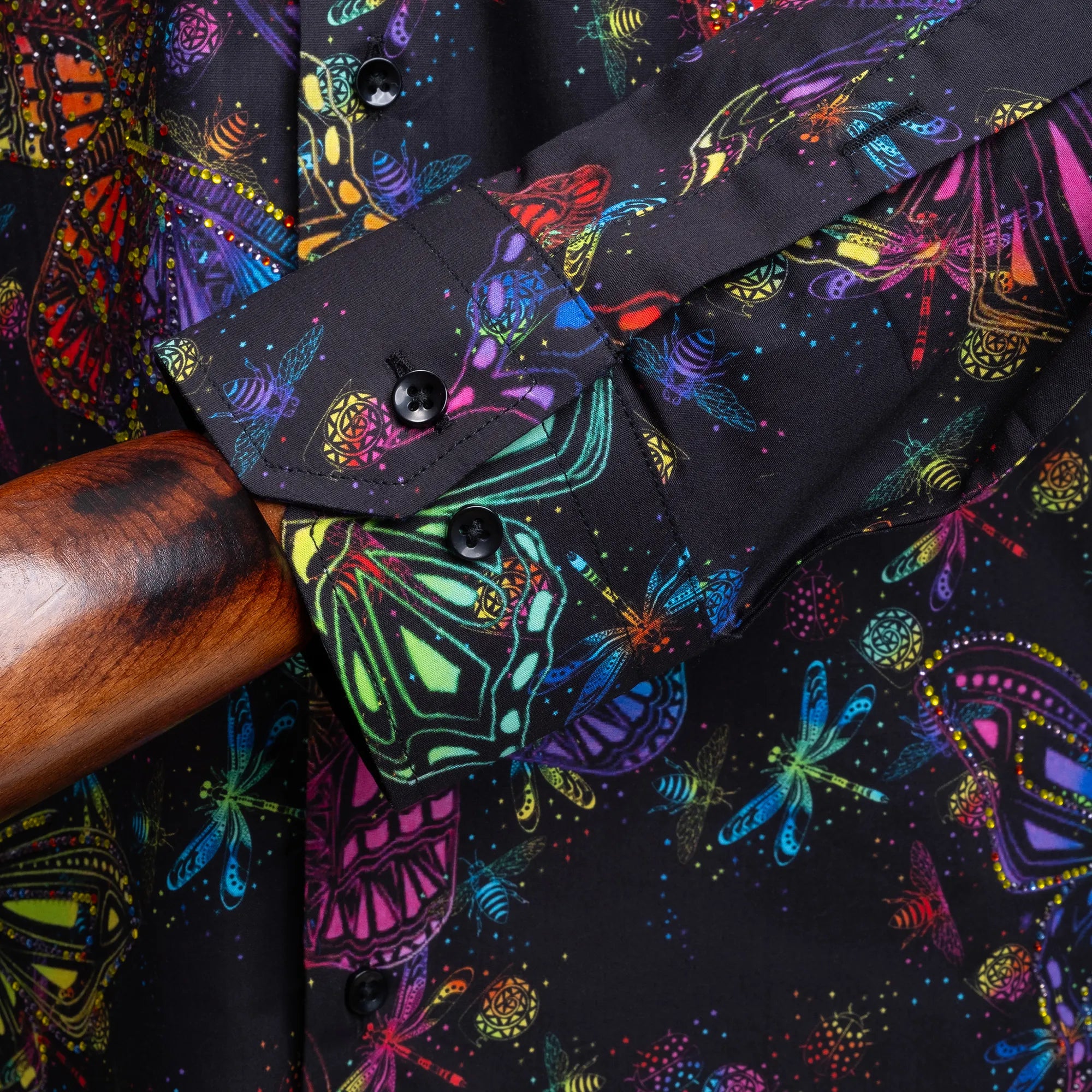 Multicolored Butterflies Black Slim-Fit Fashion Shirt