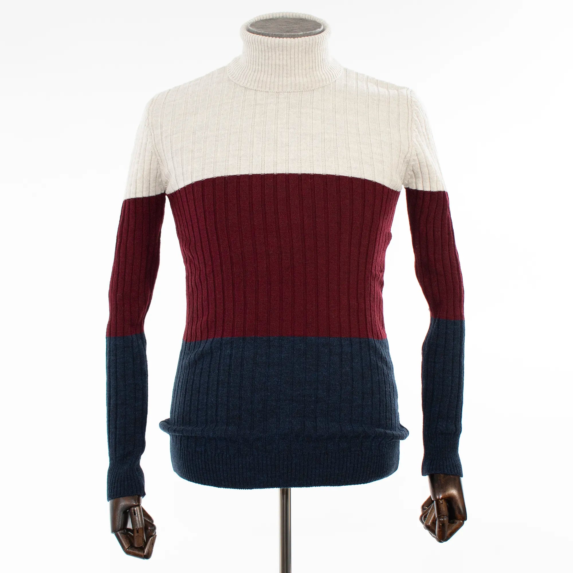 Off-White, Burgundy, and Navy Tri-Color Turtleneck