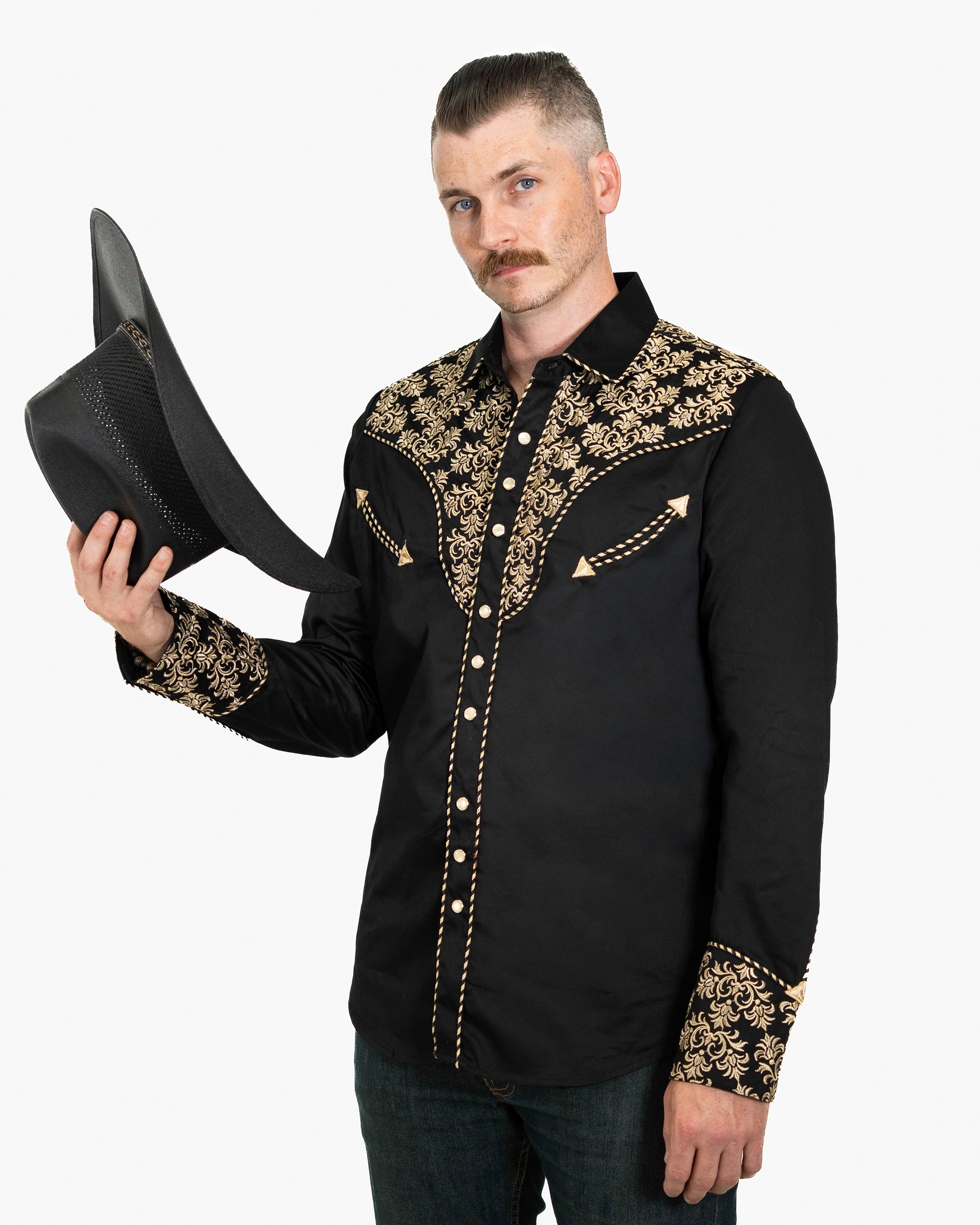 Black Beige Western Embroidered Long-Sleeve Shirt | Casual | Dolce Vesta