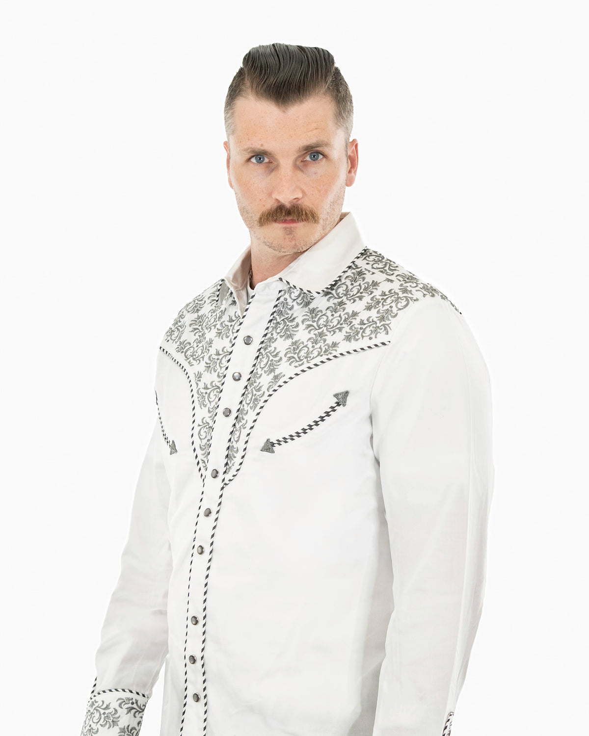 White and Gray Western Embroidered Long-Sleeve Shirt | Collar | Dolce Vesta