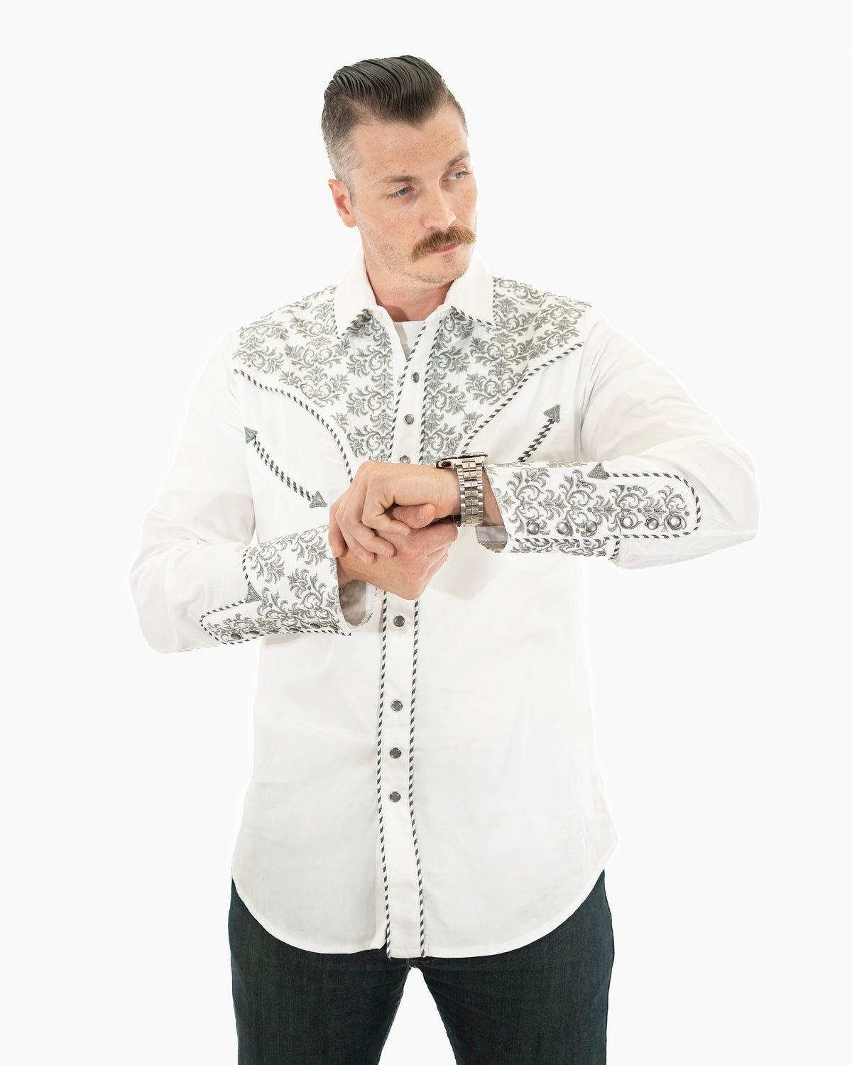 White and Gray Western Embroidered Long-Sleeve Shirt | Front | Dolce Vesta