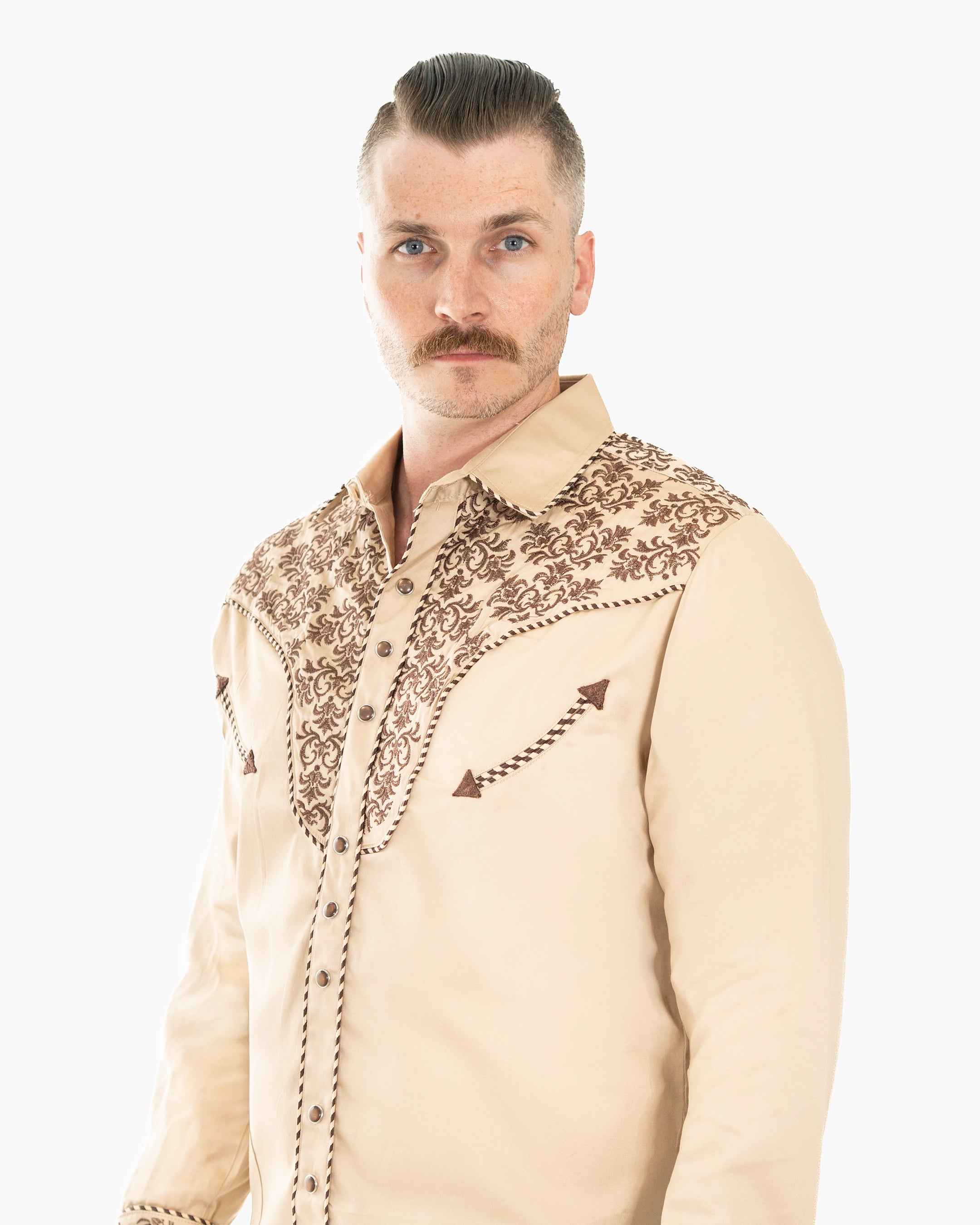 Khaki Western Embroidered Long-Sleeve Shirt | Collar | Dolce Vesta