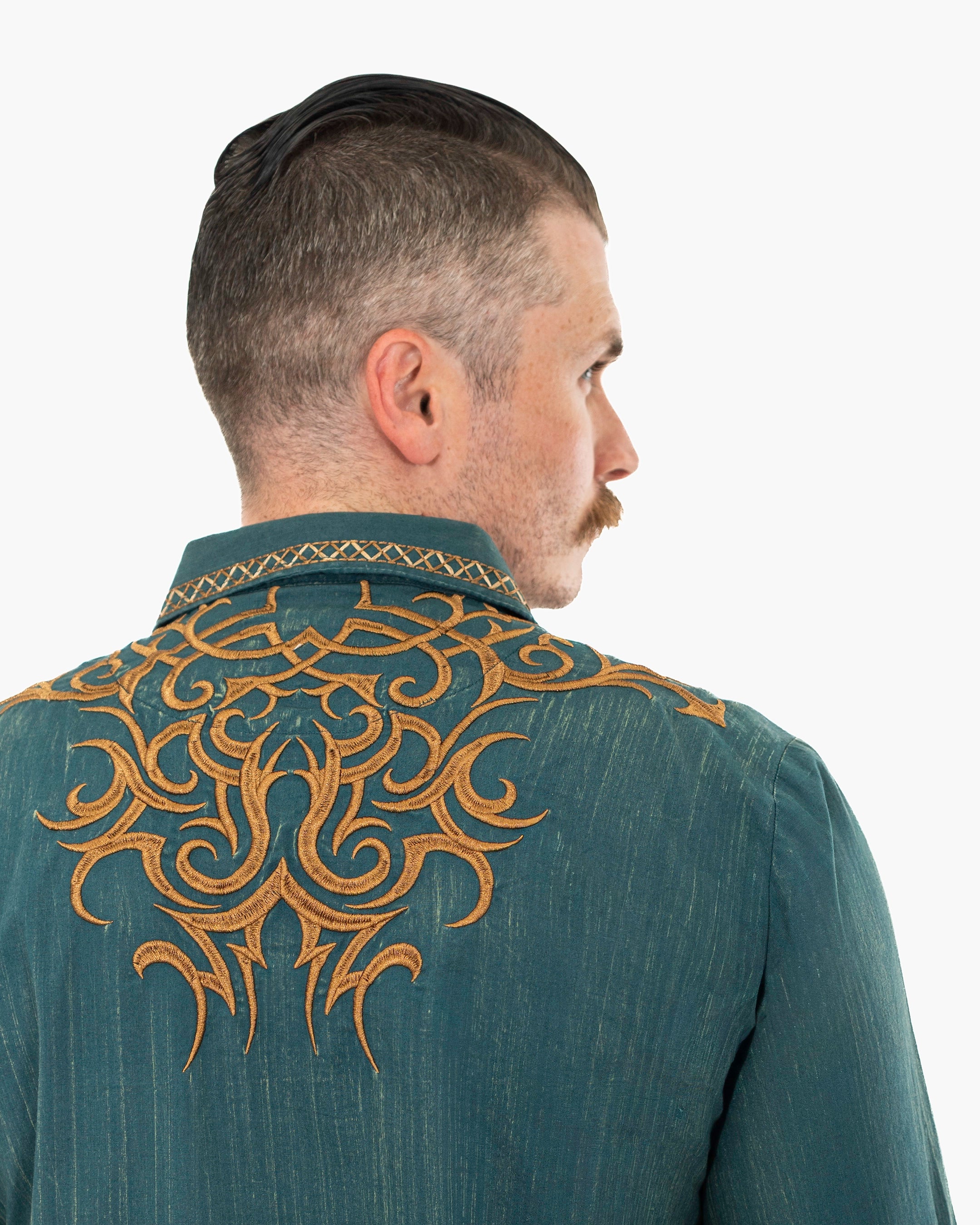 Teal Western Embroidered Modern-Fit Shirt