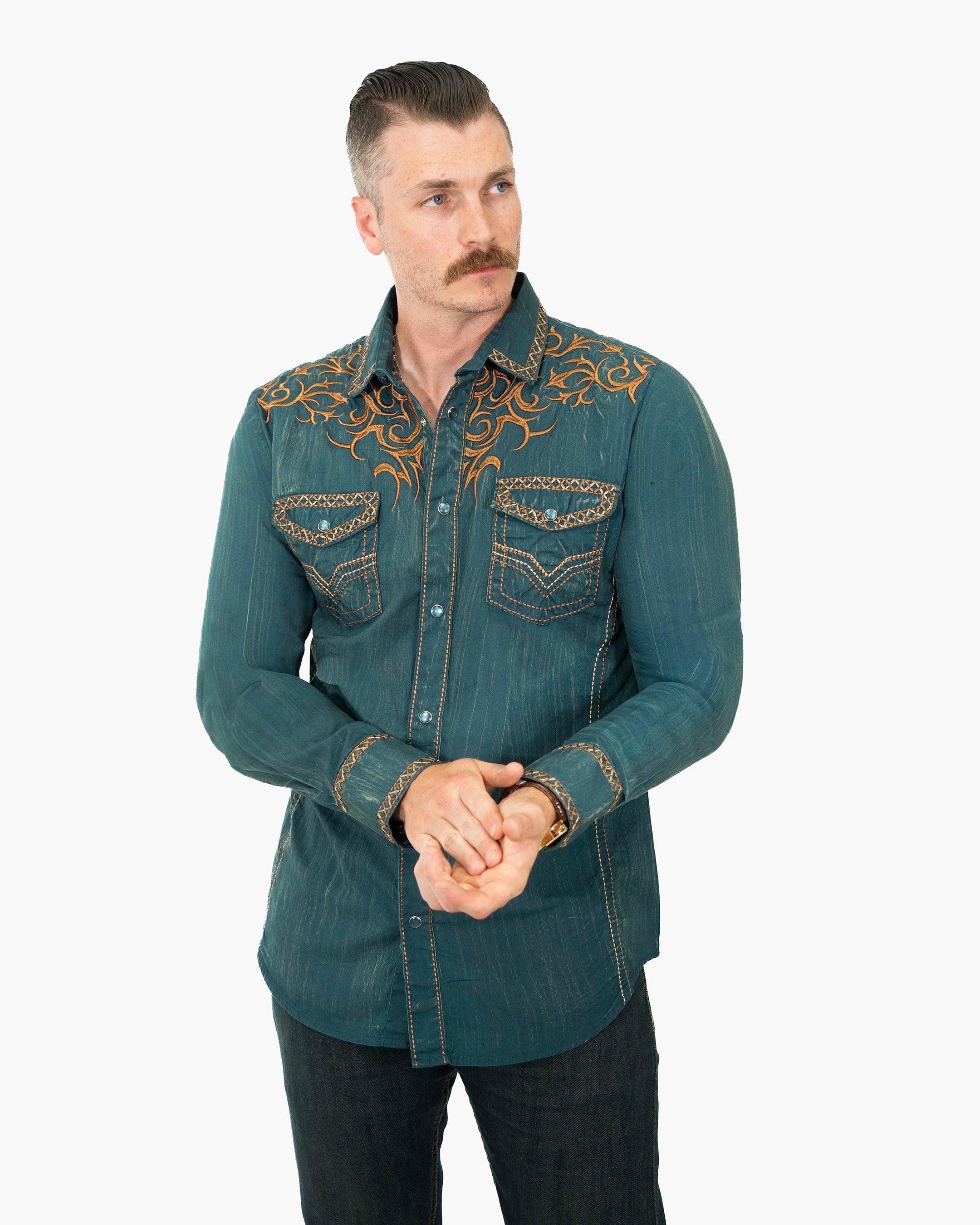 Teal Western Embroidered Modern-Fit Shirt