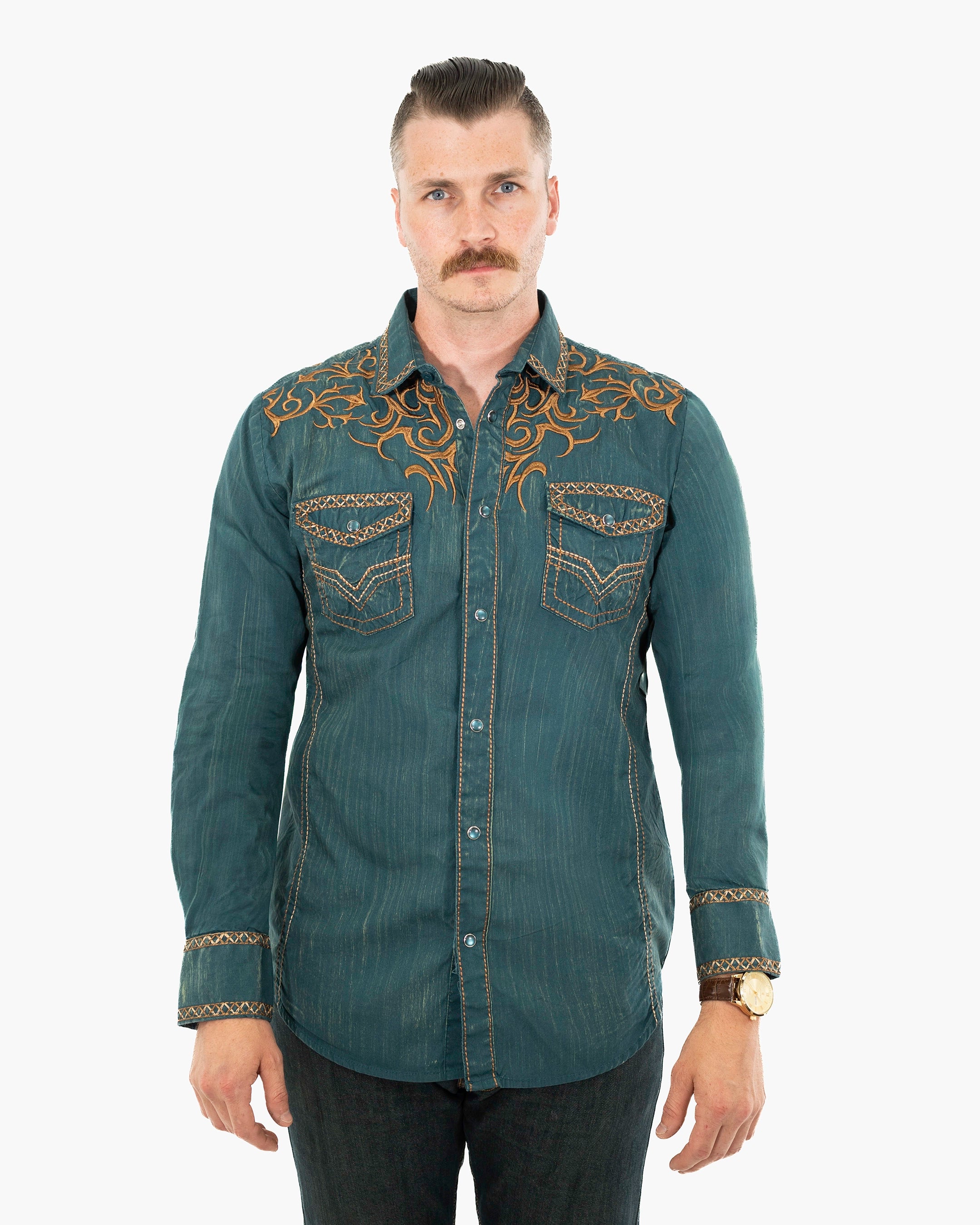 Teal Western Embroidered Modern-Fit Shirt