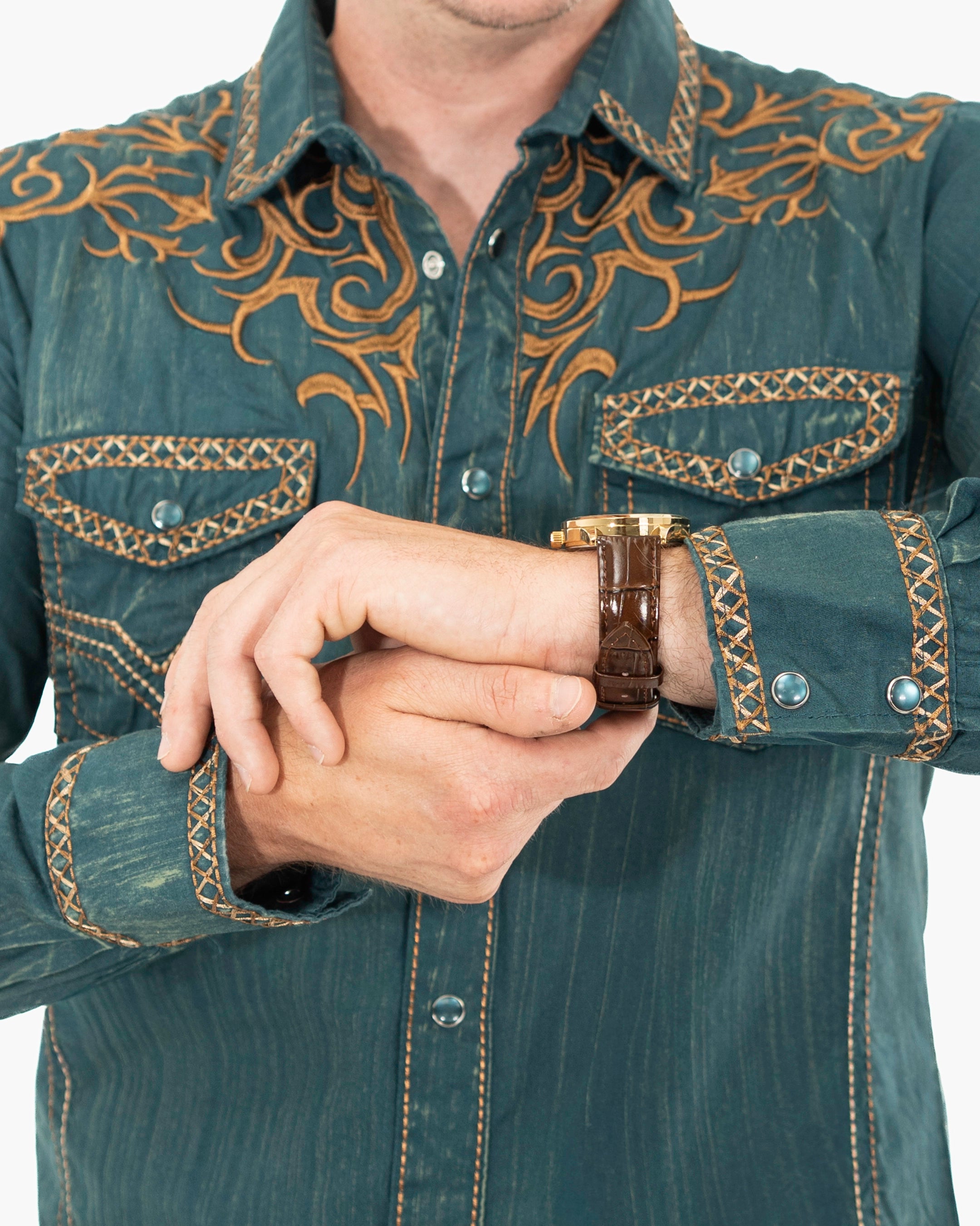 Teal Western Embroidered Modern-Fit Shirt