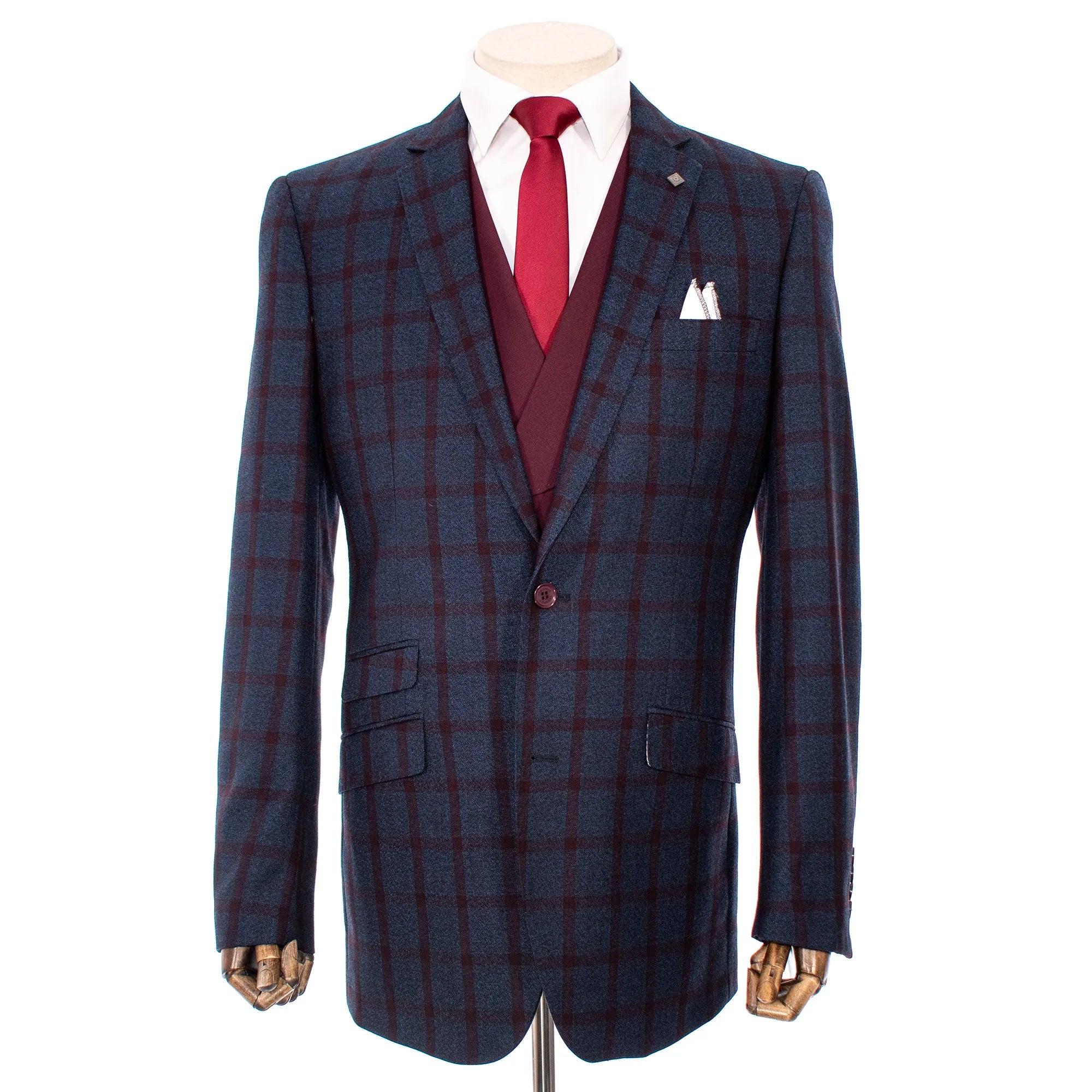 Navy and Burgundy Windowpane Check 3-Piece Tailored-Fit Suit