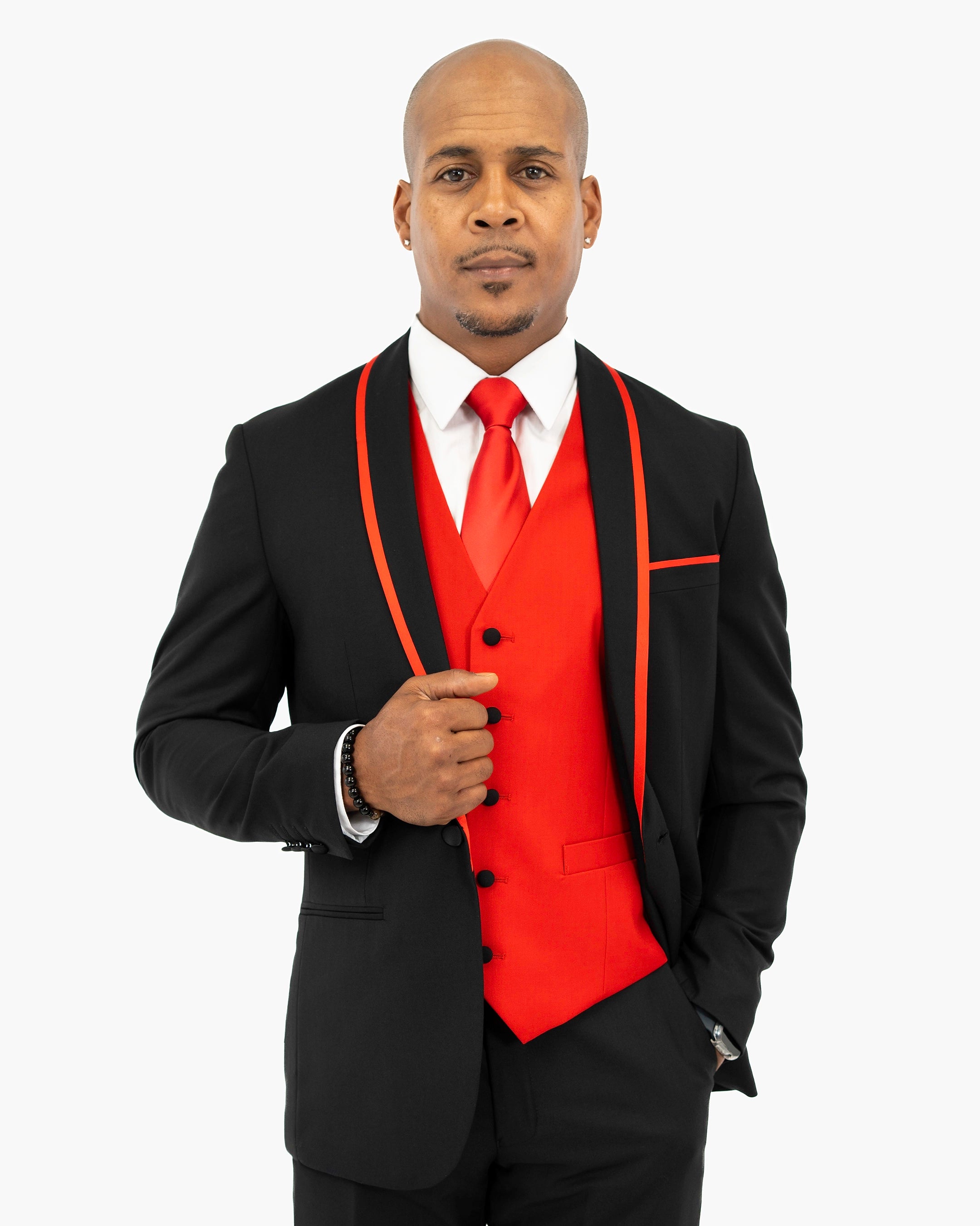 Black and Red Trim 3-Piece Tailored-Fit Tuxedo