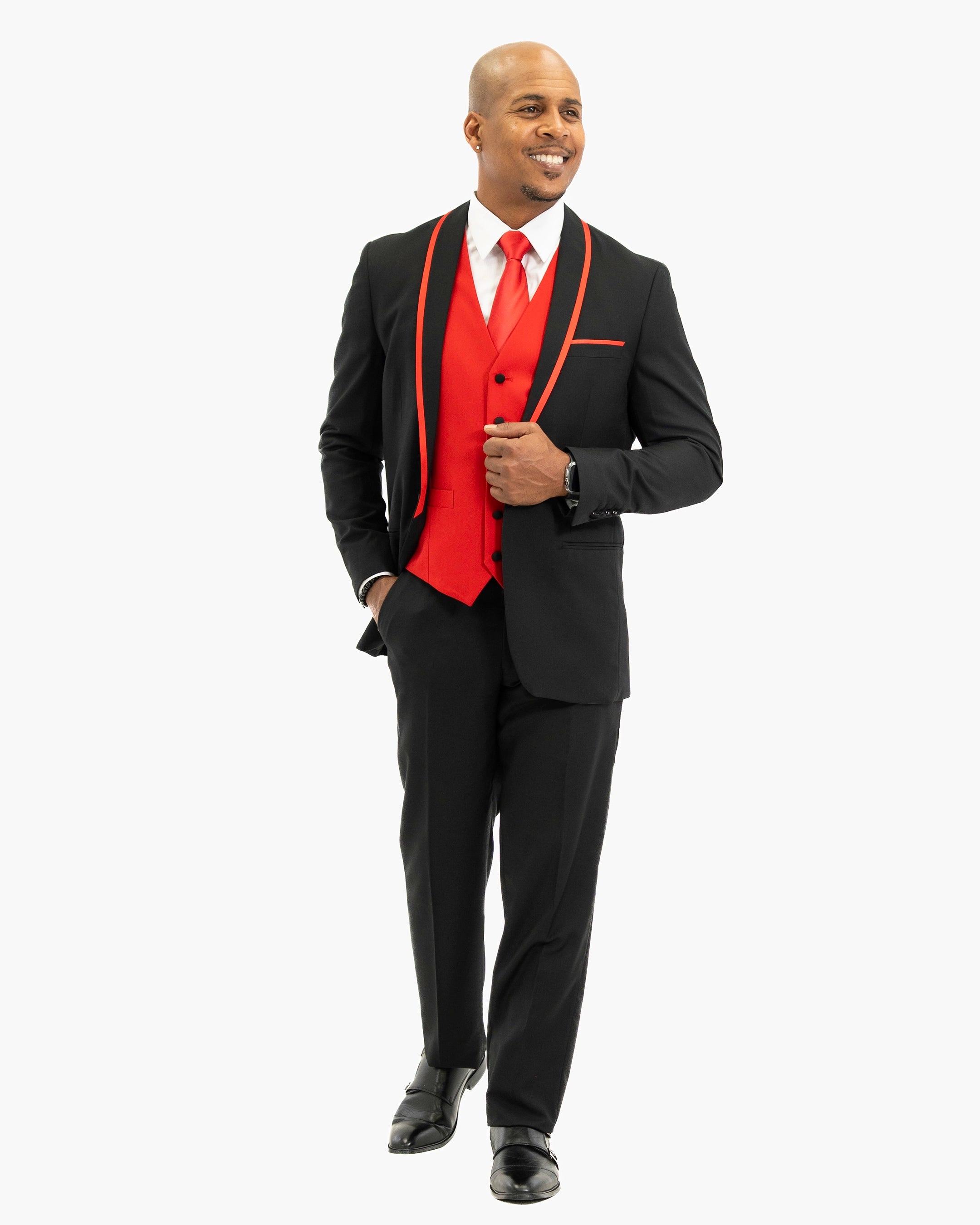 Black and Red Trim 3-Piece Tailored-Fit Tuxedo