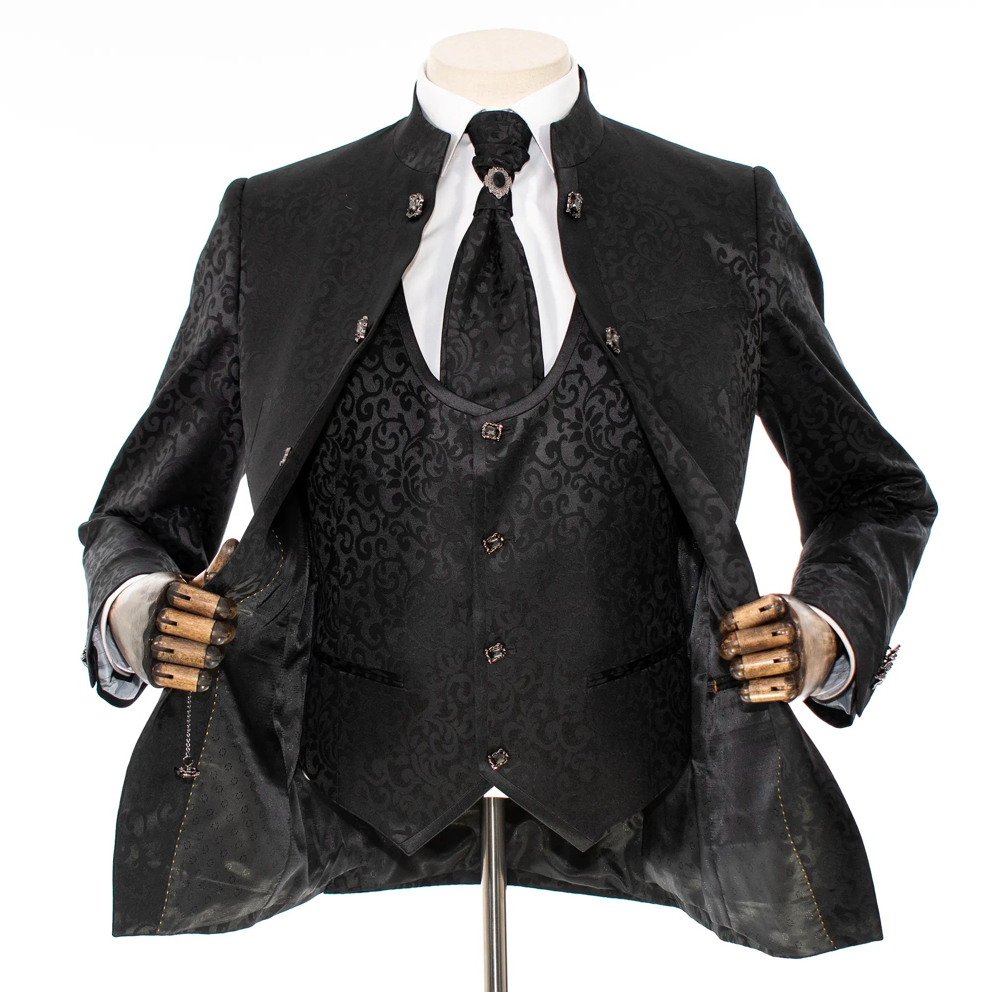 Black Filigree 3-Piece Slim-Fit Tuxedo with Banded Collar