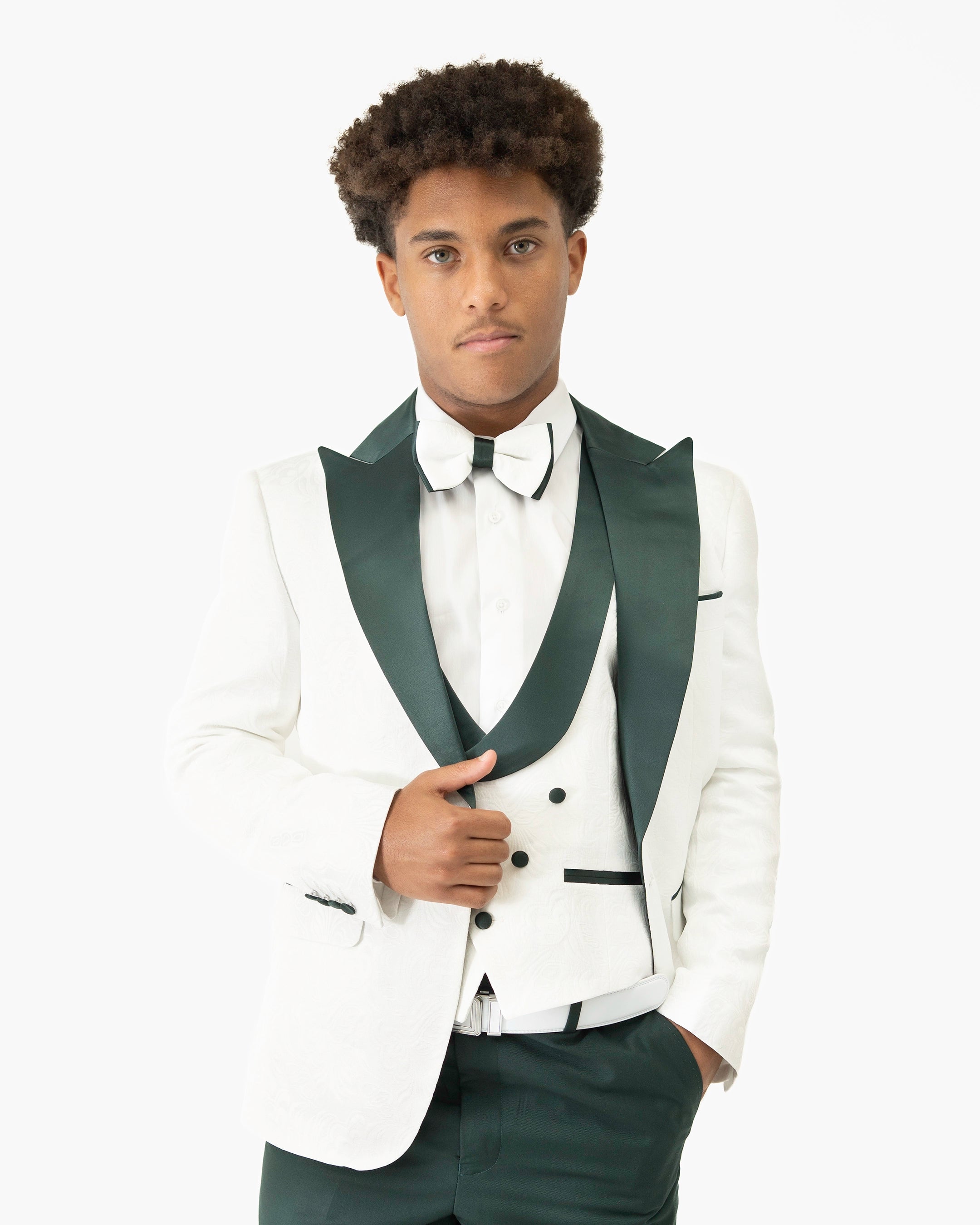 White Floral 3-Piece Tailored-Fit Tuxedo With Green Peak Lapel