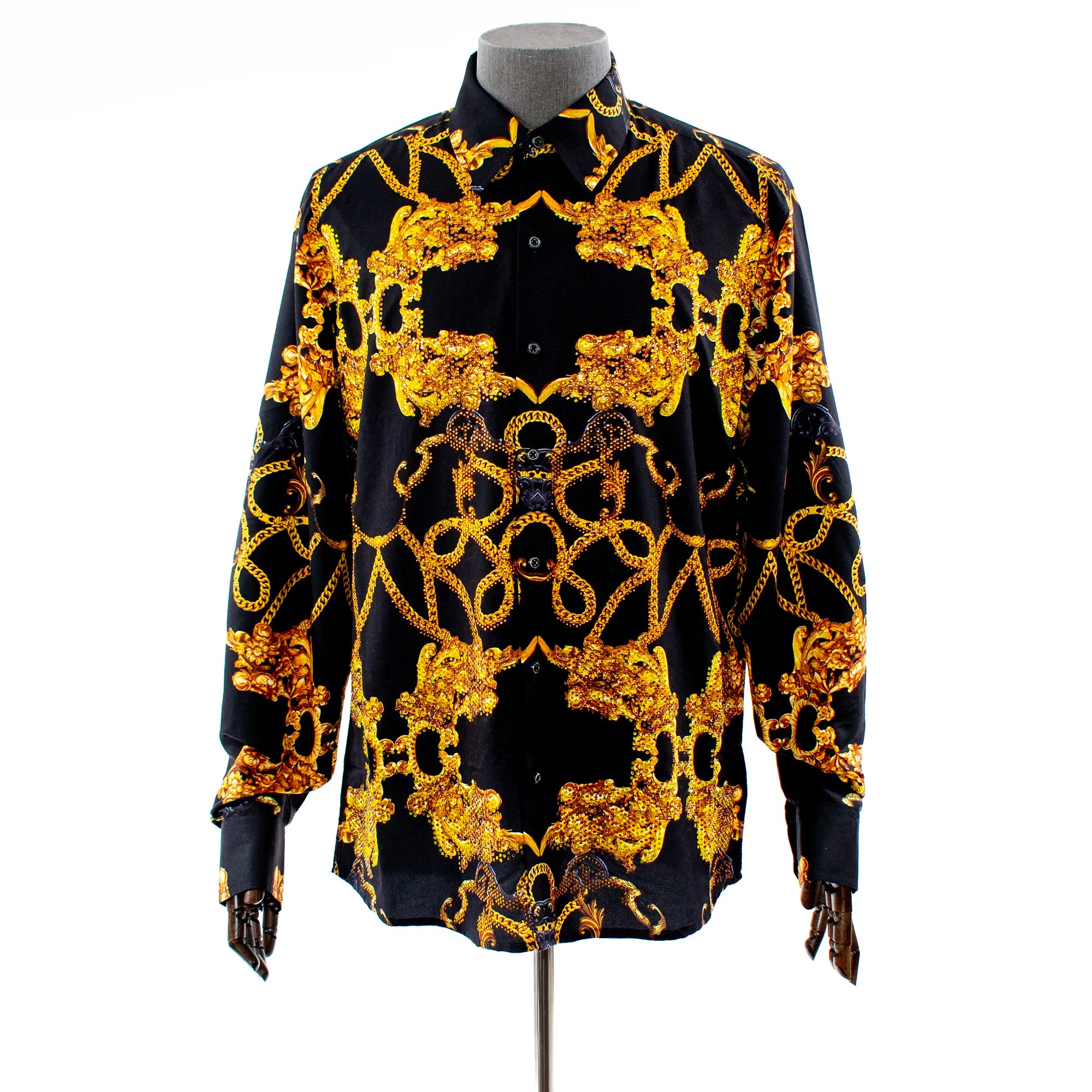 Men's Black And Gold Chained Rhinestone Dress Shirt
