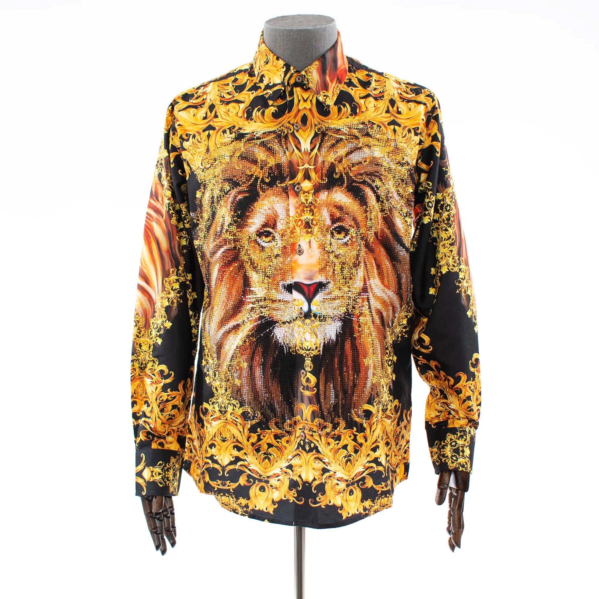 Black And Gold Rhinestone Lion Regular-Fit Dress Shirt 3XL / Black/Gold