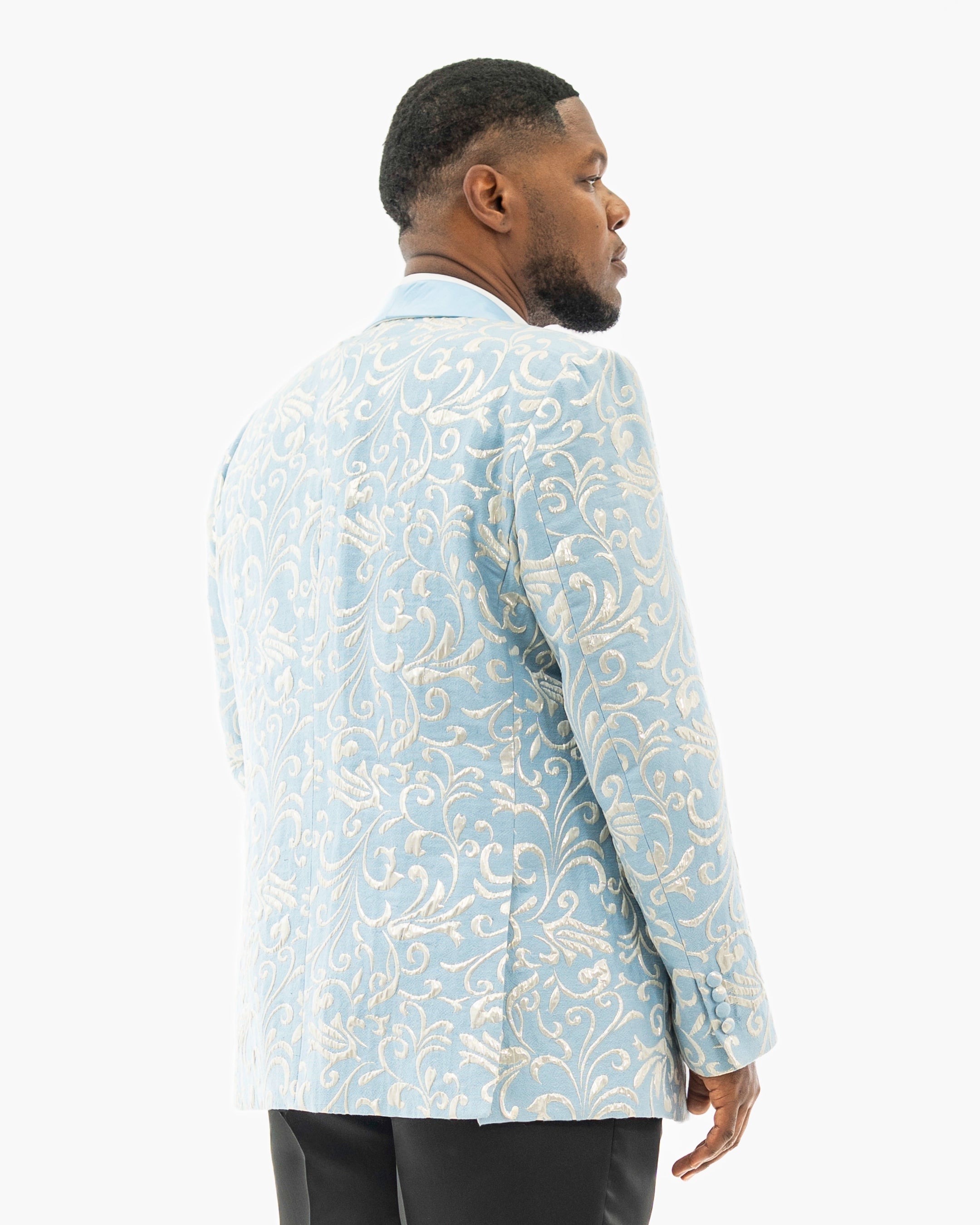 Sky Blue Scroll Textured Slim-Fit Jacket