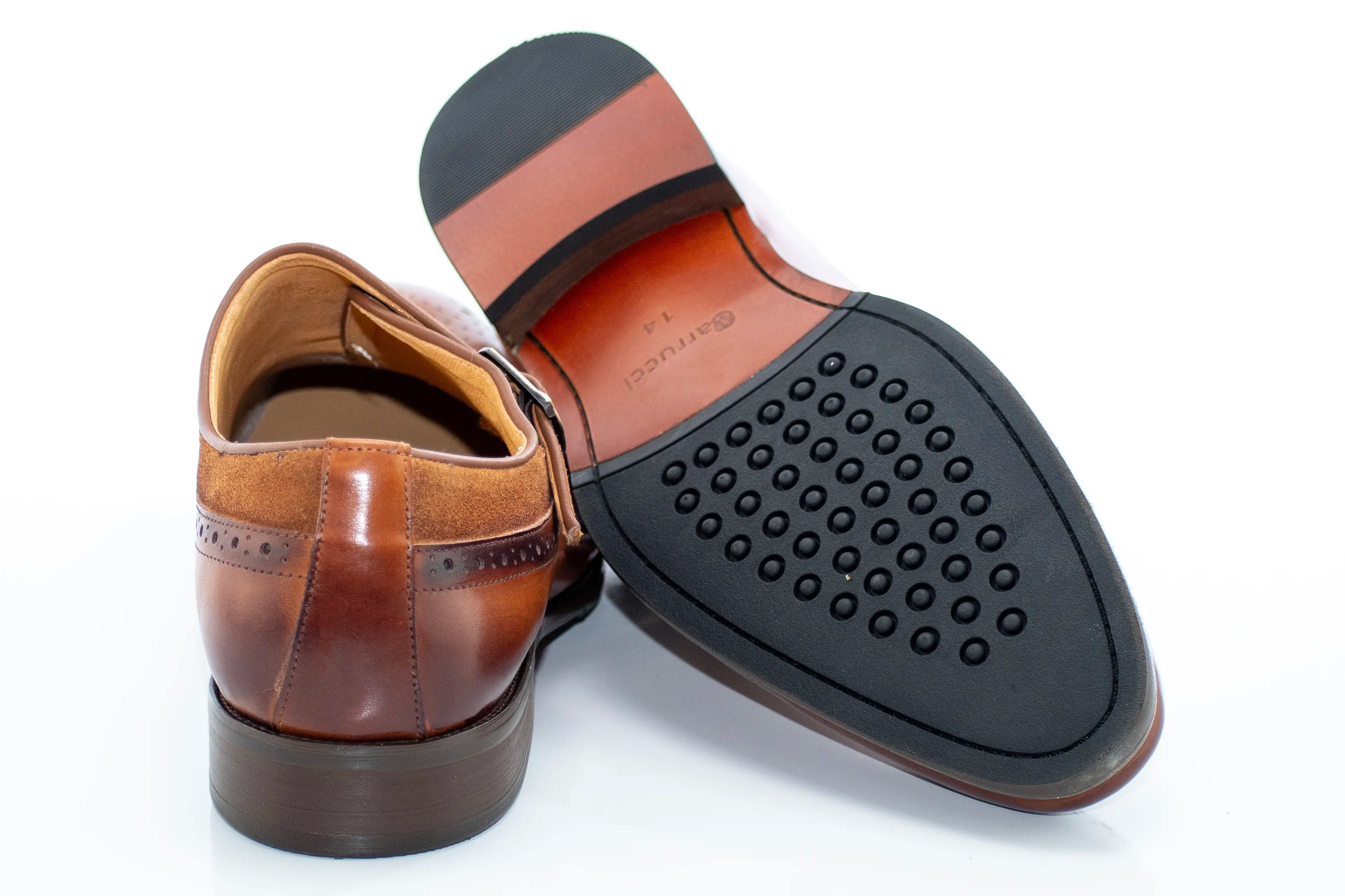 Cognac Suede and Leather Brogue Monk Strap Loafer