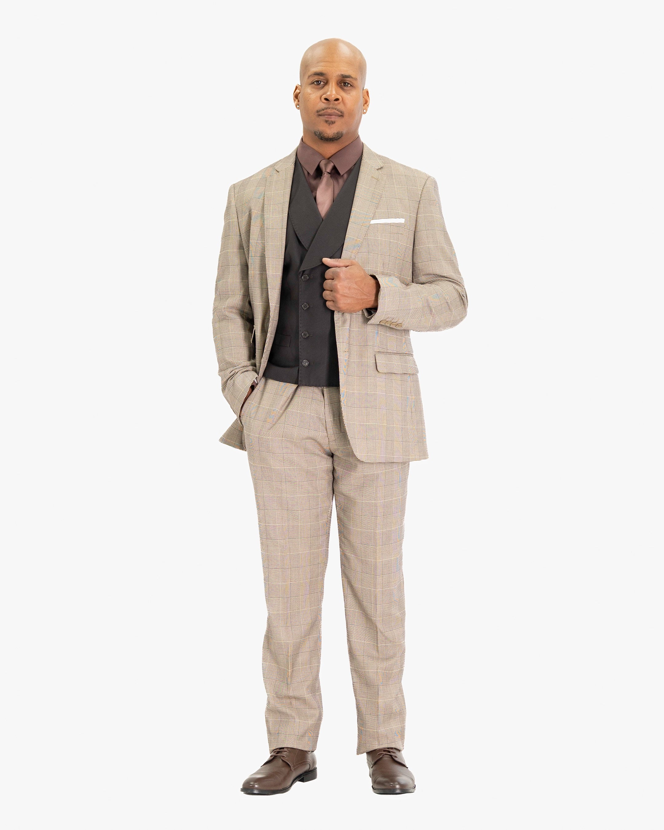 Tan Plaid 3-Piece Tailored-Fit Suit