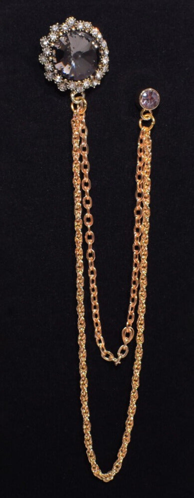 Long Chain Round Stone Jeweled Brooch Lapel Pin