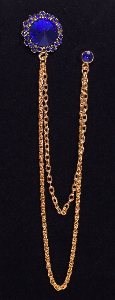 Long Chain Round Stone Jeweled Brooch Lapel Pin