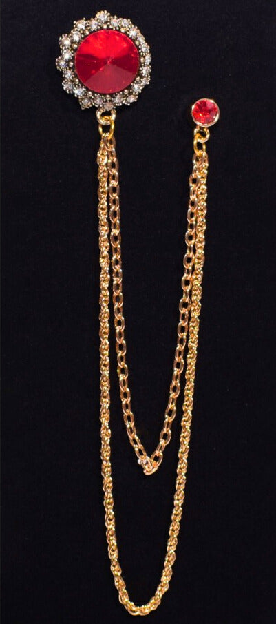 Long Chain Round Stone Jeweled Brooch Lapel Pin