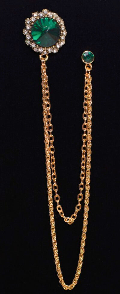 Long Chain Round Stone Jeweled Brooch Lapel Pin