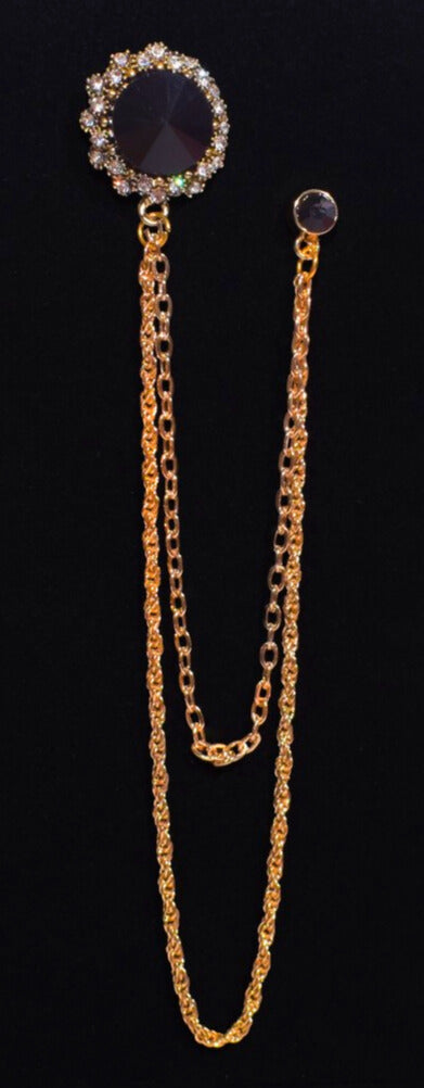 Long Chain Round Stone Jeweled Brooch Lapel Pin