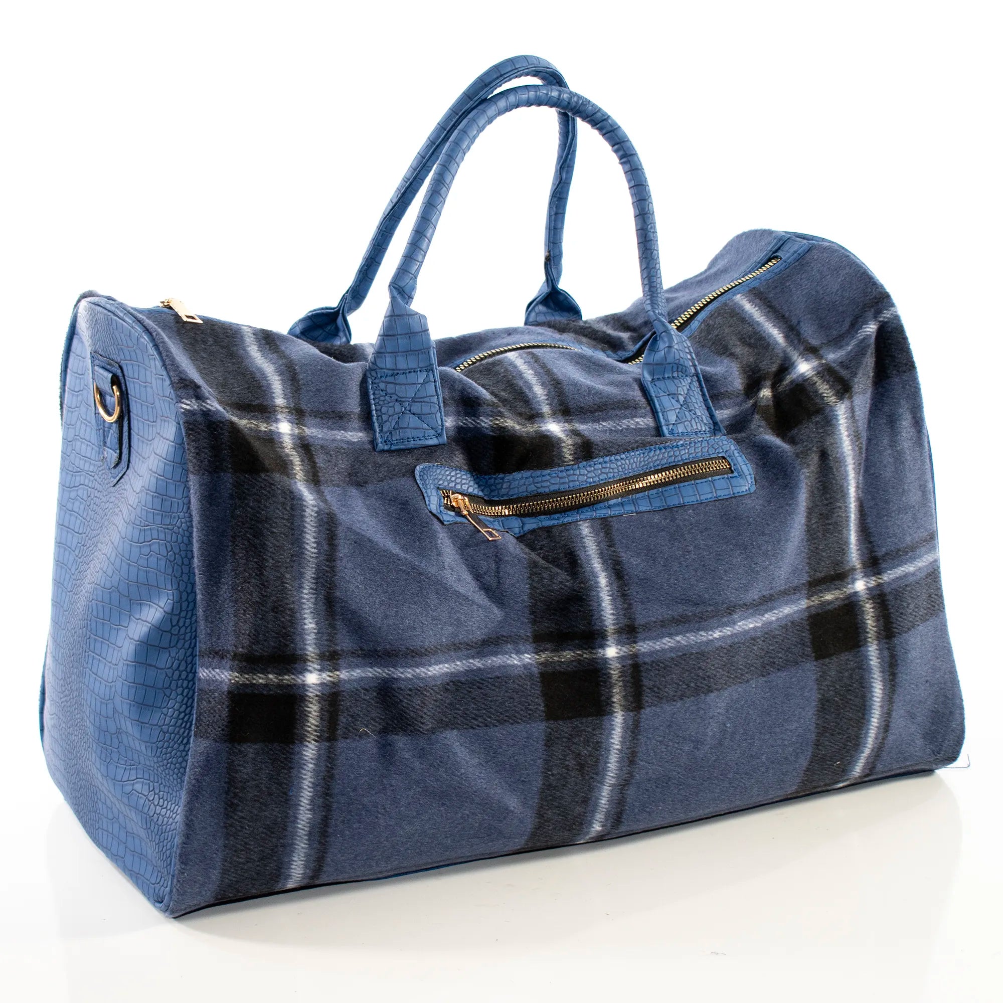 Blue Plaid and Leather Travel Bag
