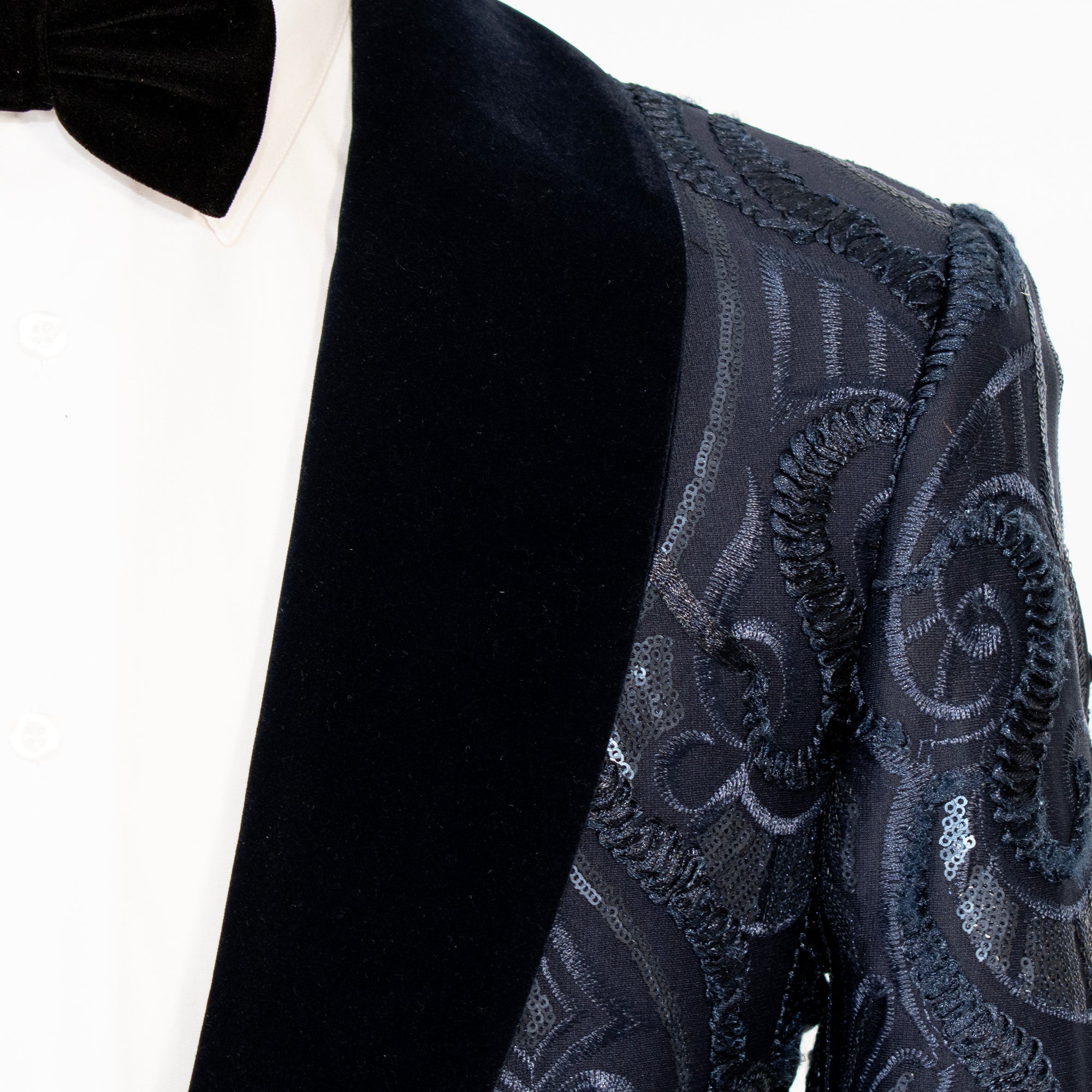 Navy Blue Sequined Paisley Slim-Fit Jacket