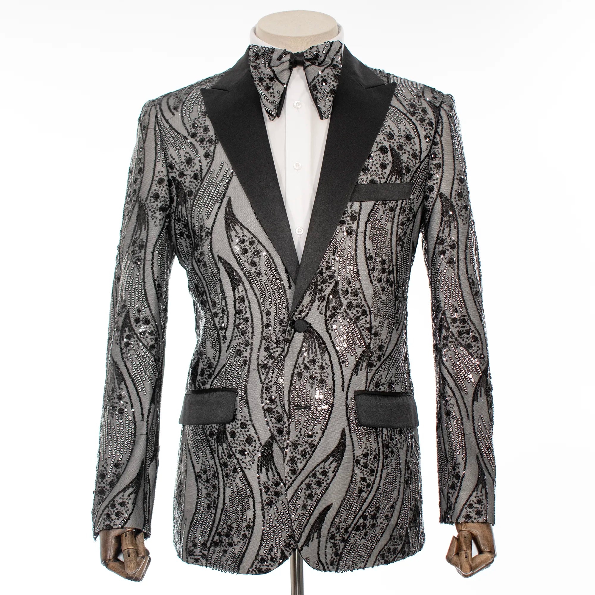 Black Sequined Leaves Modern-Fit Tuxedo Jacket