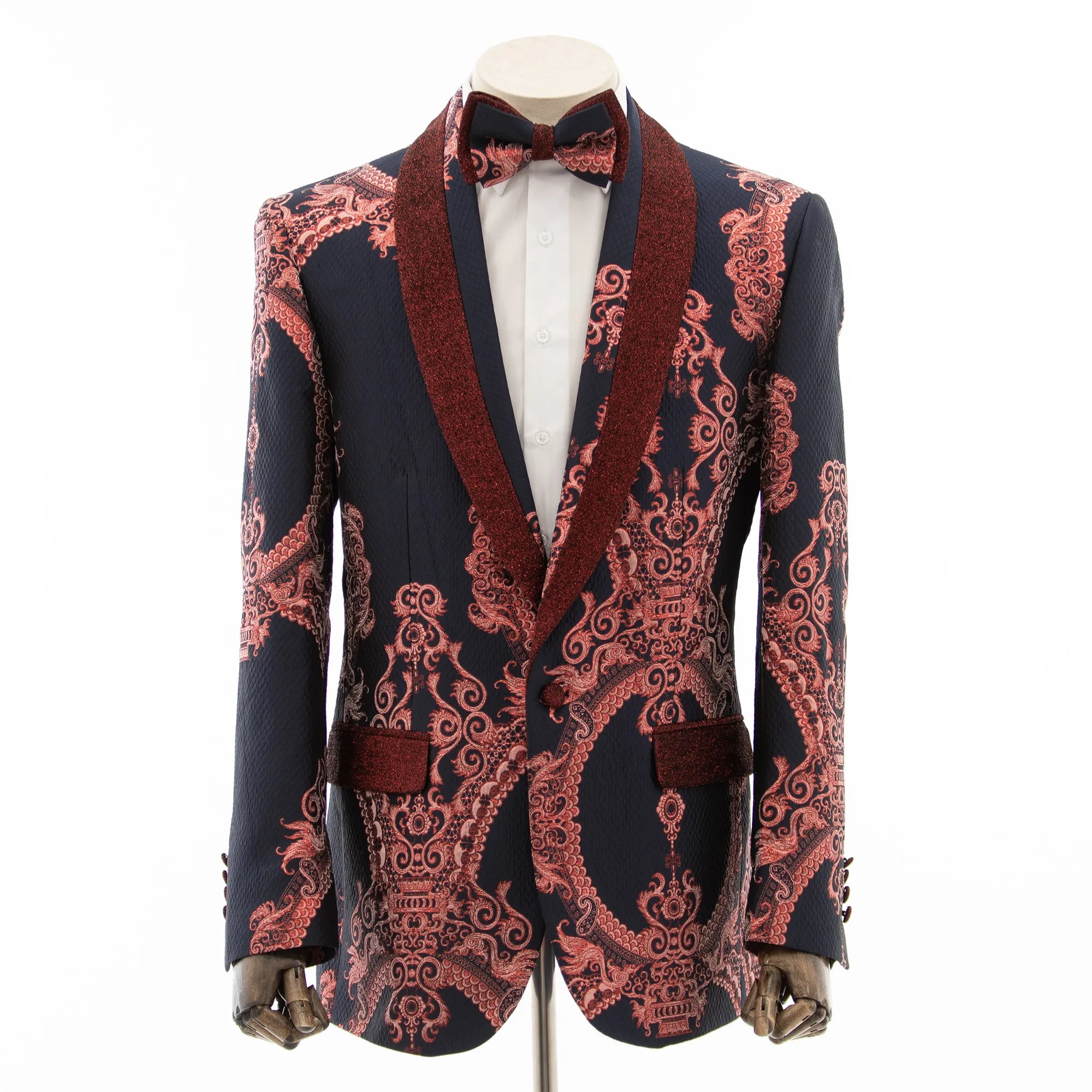 Navy Blue And Red Damask Tuxedo Jacket