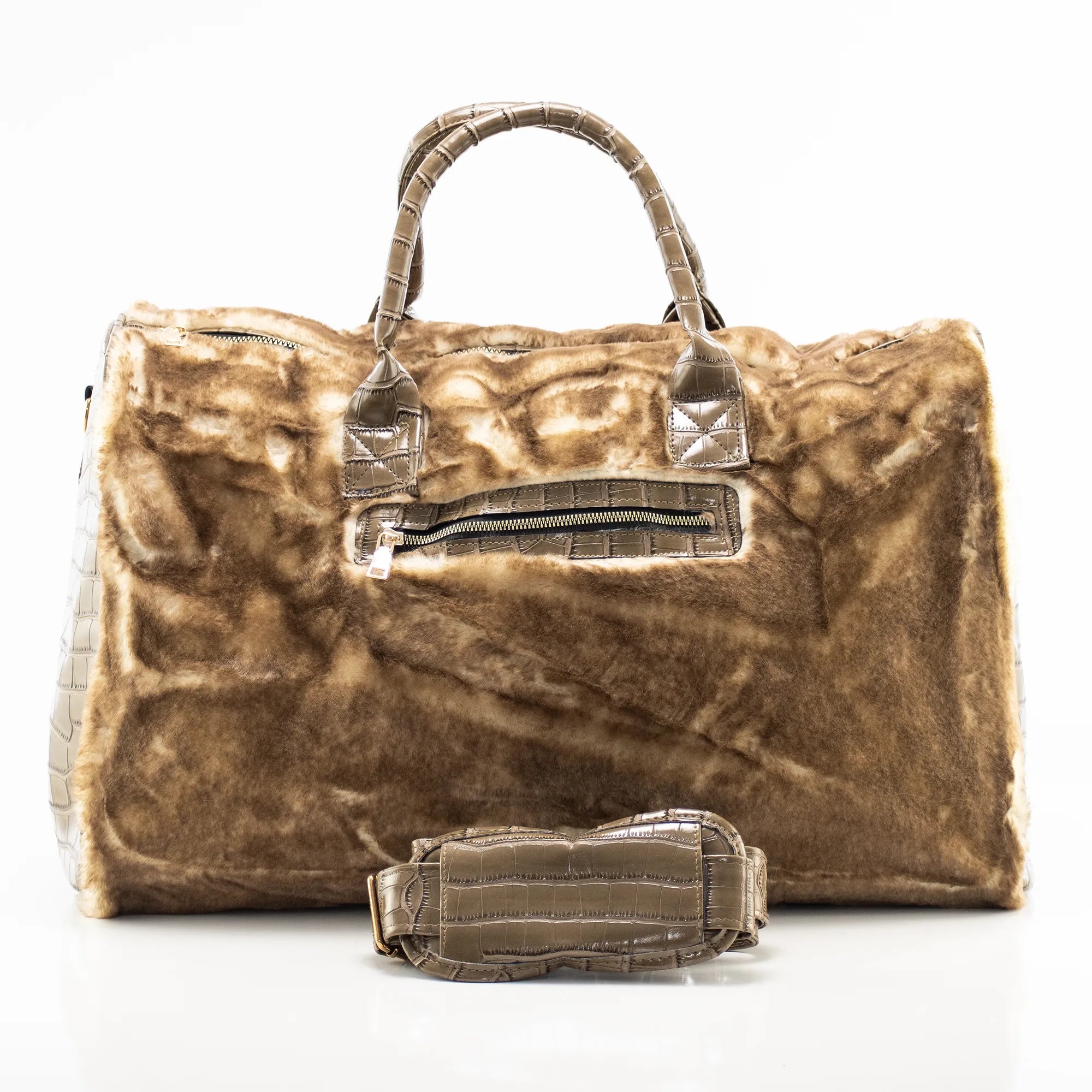 Khaki Fur and Dark Khaki Leather Travel Bag