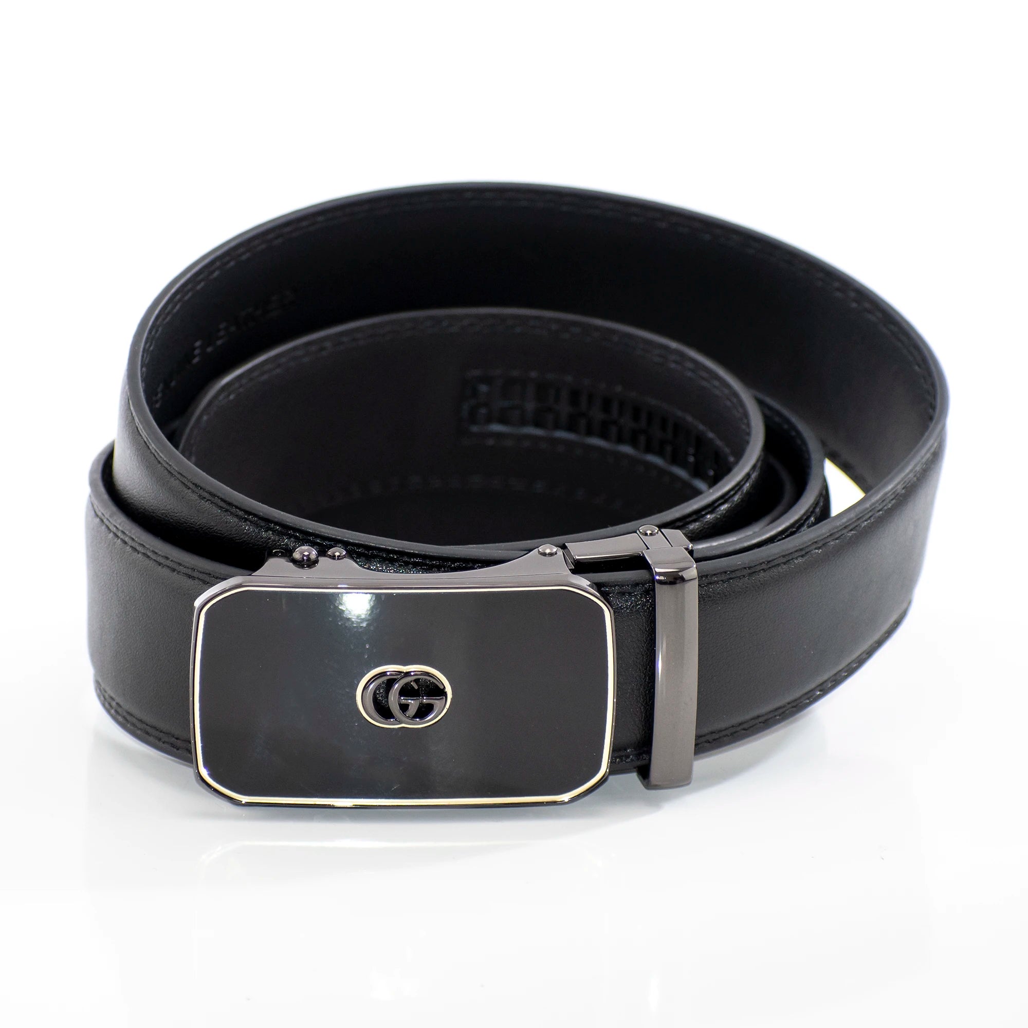 Gold Embossed GG on Black Belt Buckle