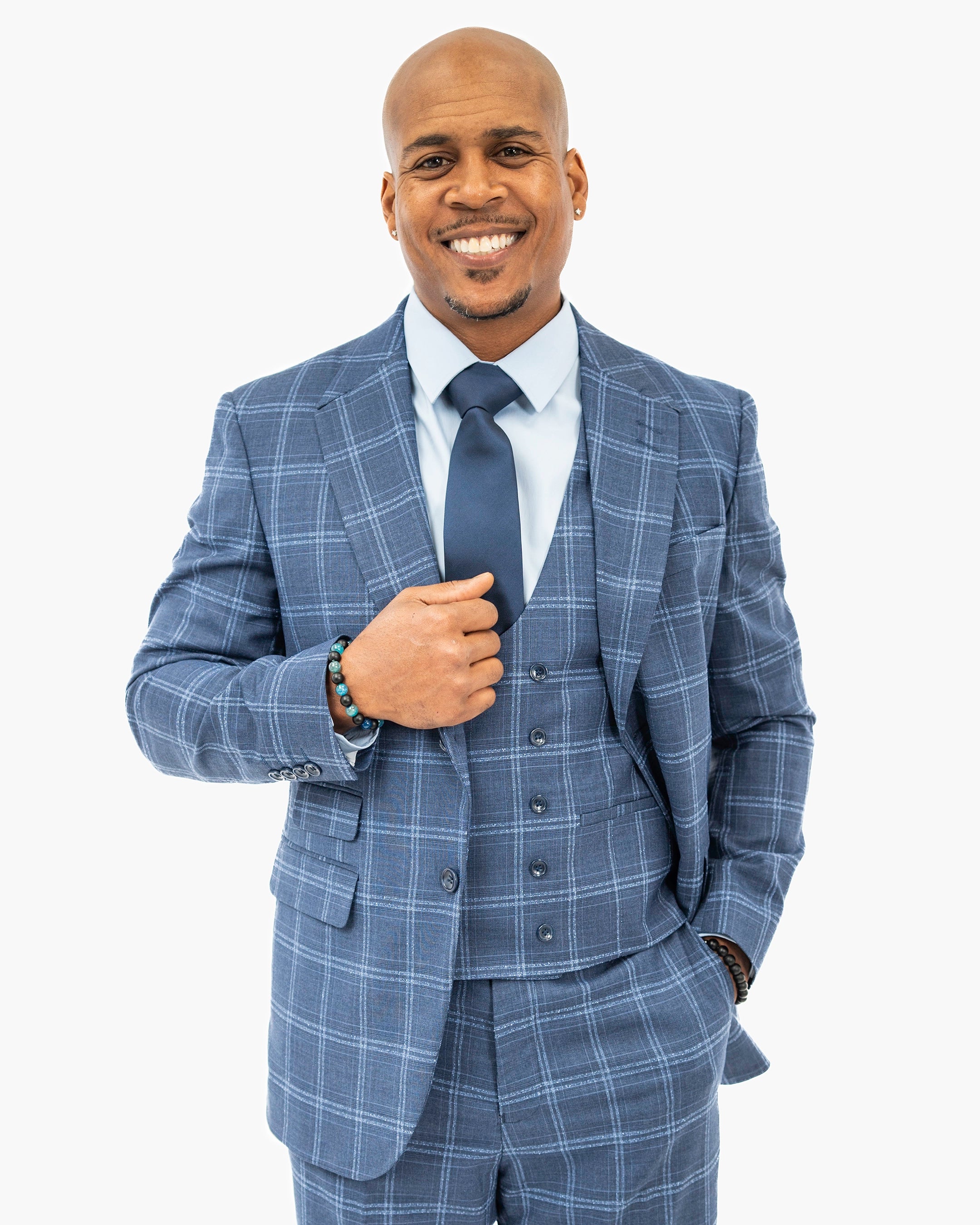 Blue Double-Windowpane 3-Piece Tailored-Fit Suit