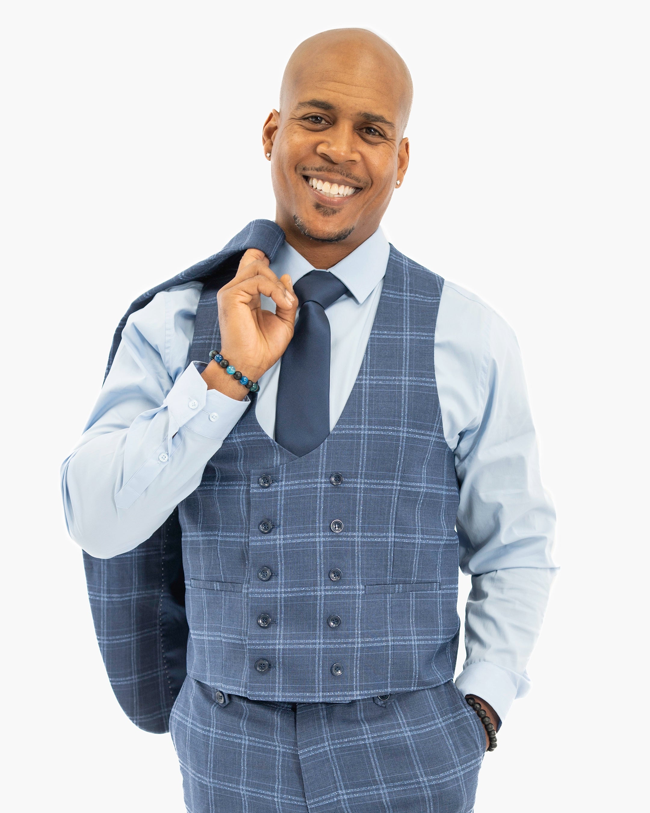Blue Double-Windowpane 3-Piece Tailored-Fit Suit