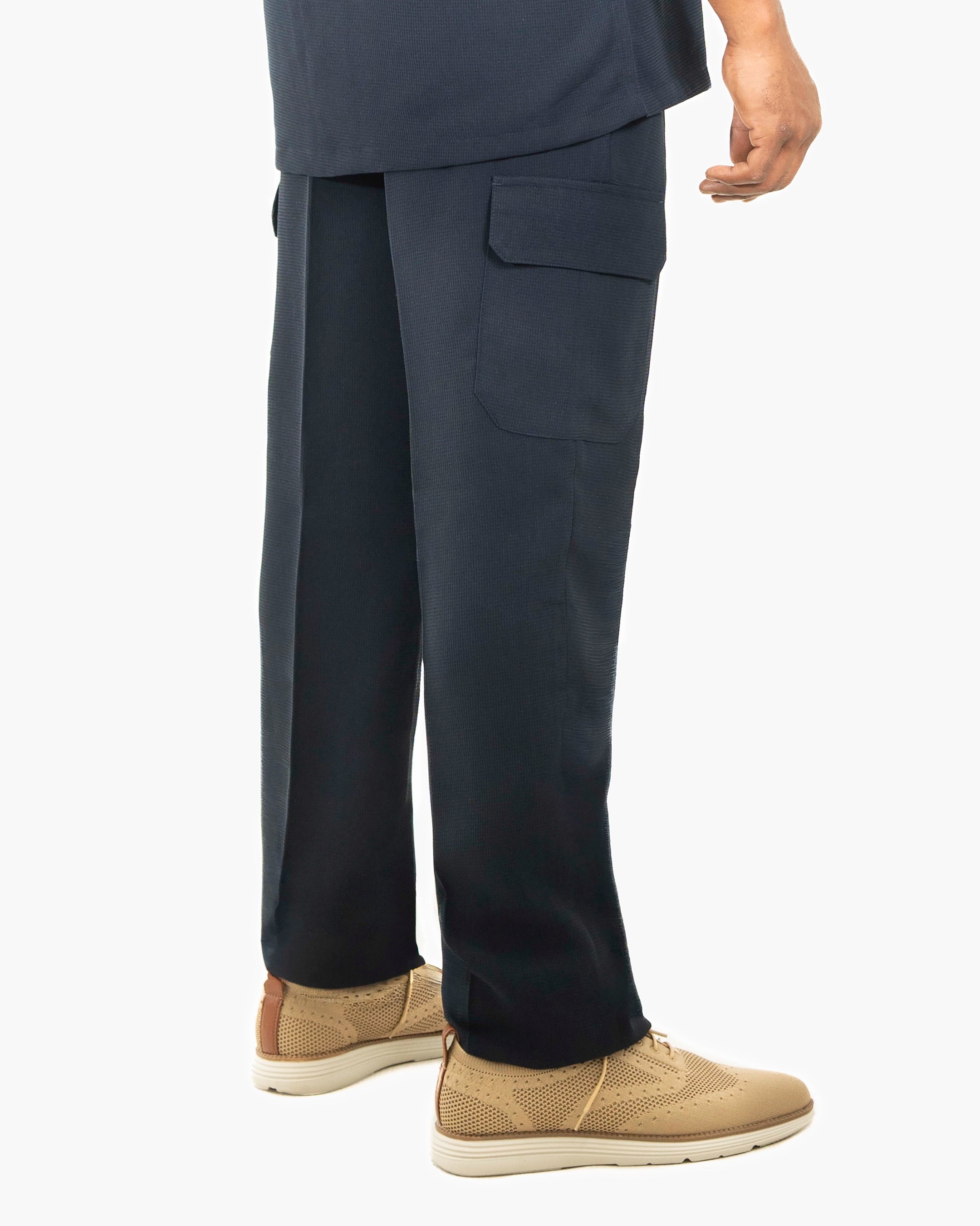 Navy Blue Tailored-Fit Linen Textured Pants