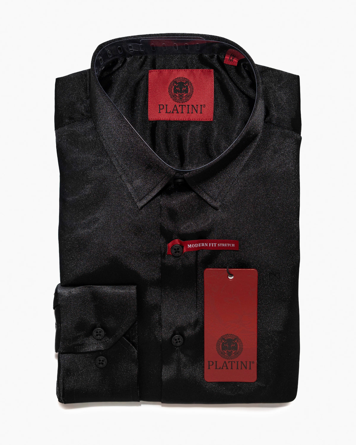 Black Satin Long Sleeve Modern-Fit Stretch Shirt | Folded View | Dolce Vesta