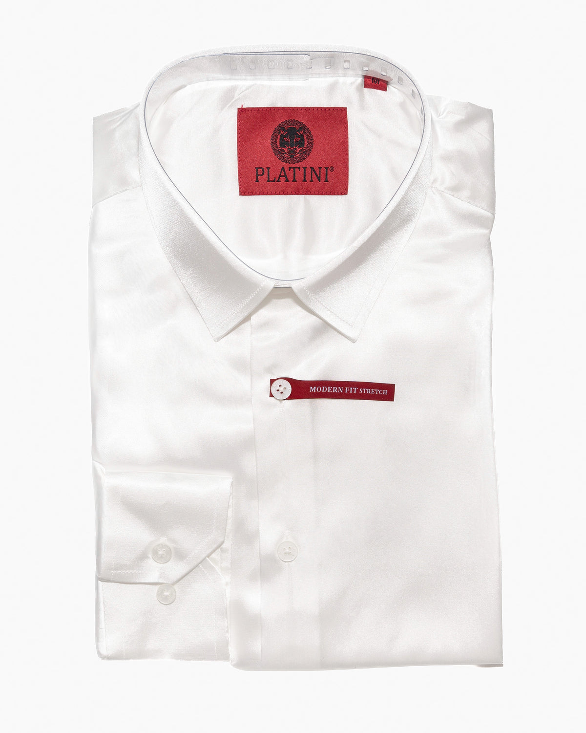 White Satin Long Sleeve Modern-Fit Stretch Shirt | Folded View | Dolce Vesta