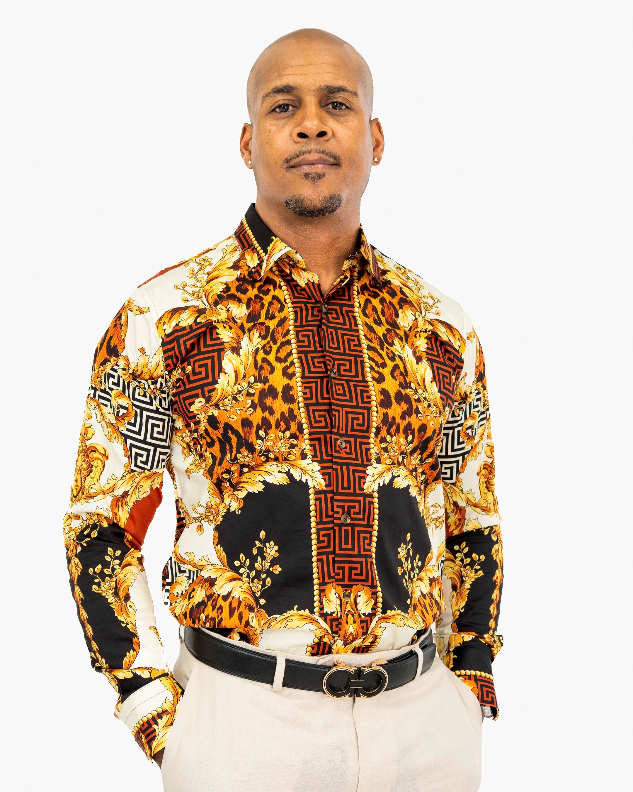 Saddle Brown And Black Baroque Slim-Fit Dress Shirt
