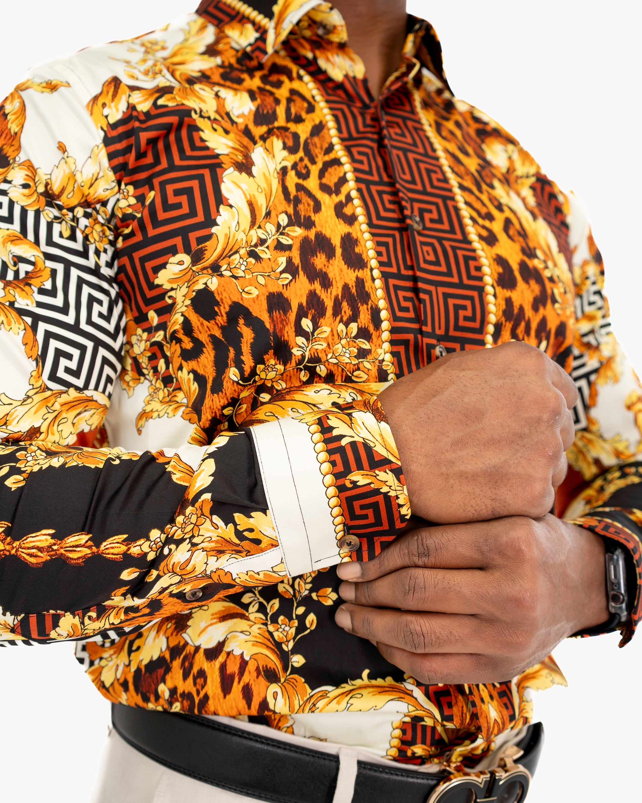 Saddle Brown And Black Baroque Slim-Fit Dress Shirt