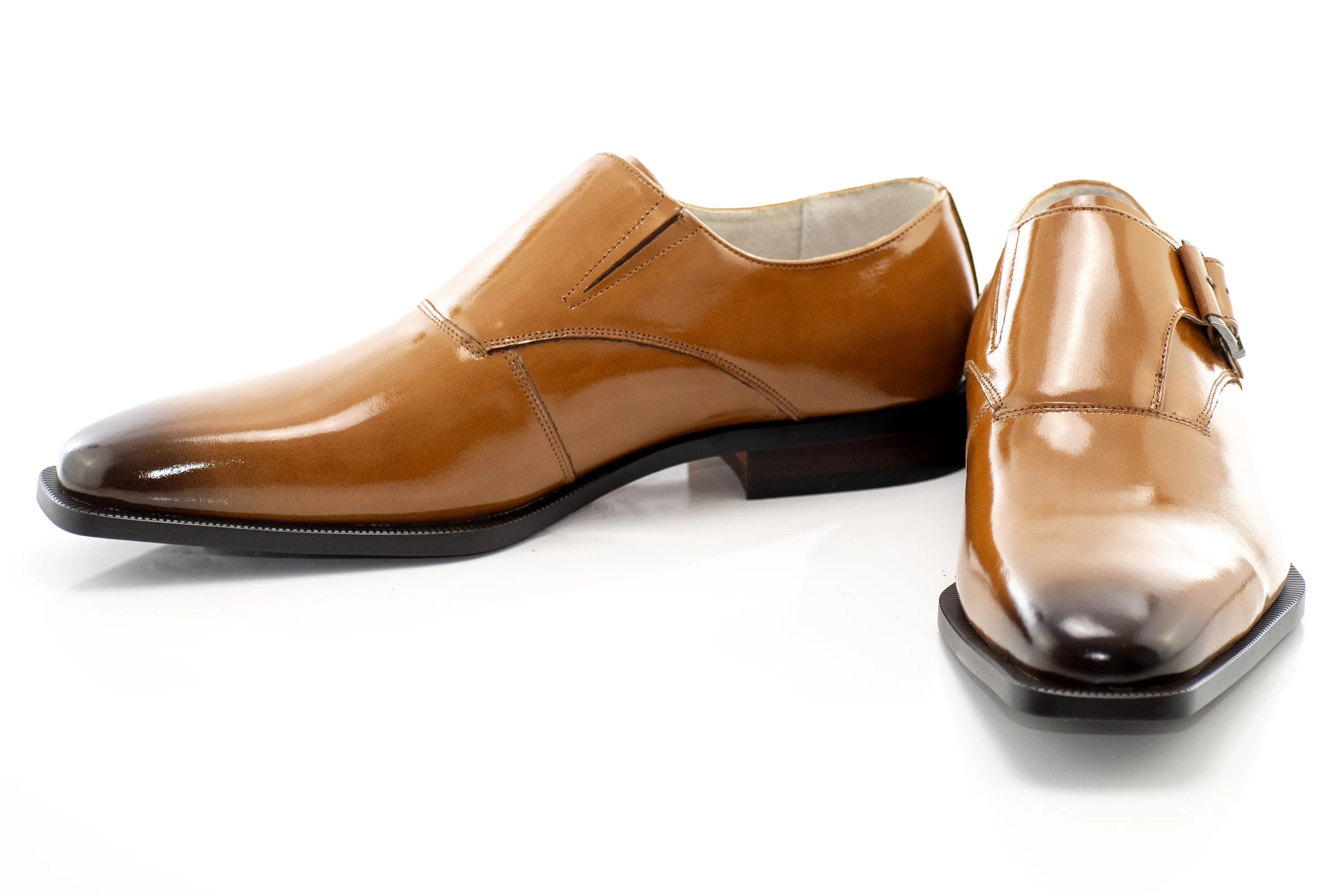 Tan Single Monk Strap Patent Leather Dress Shoes