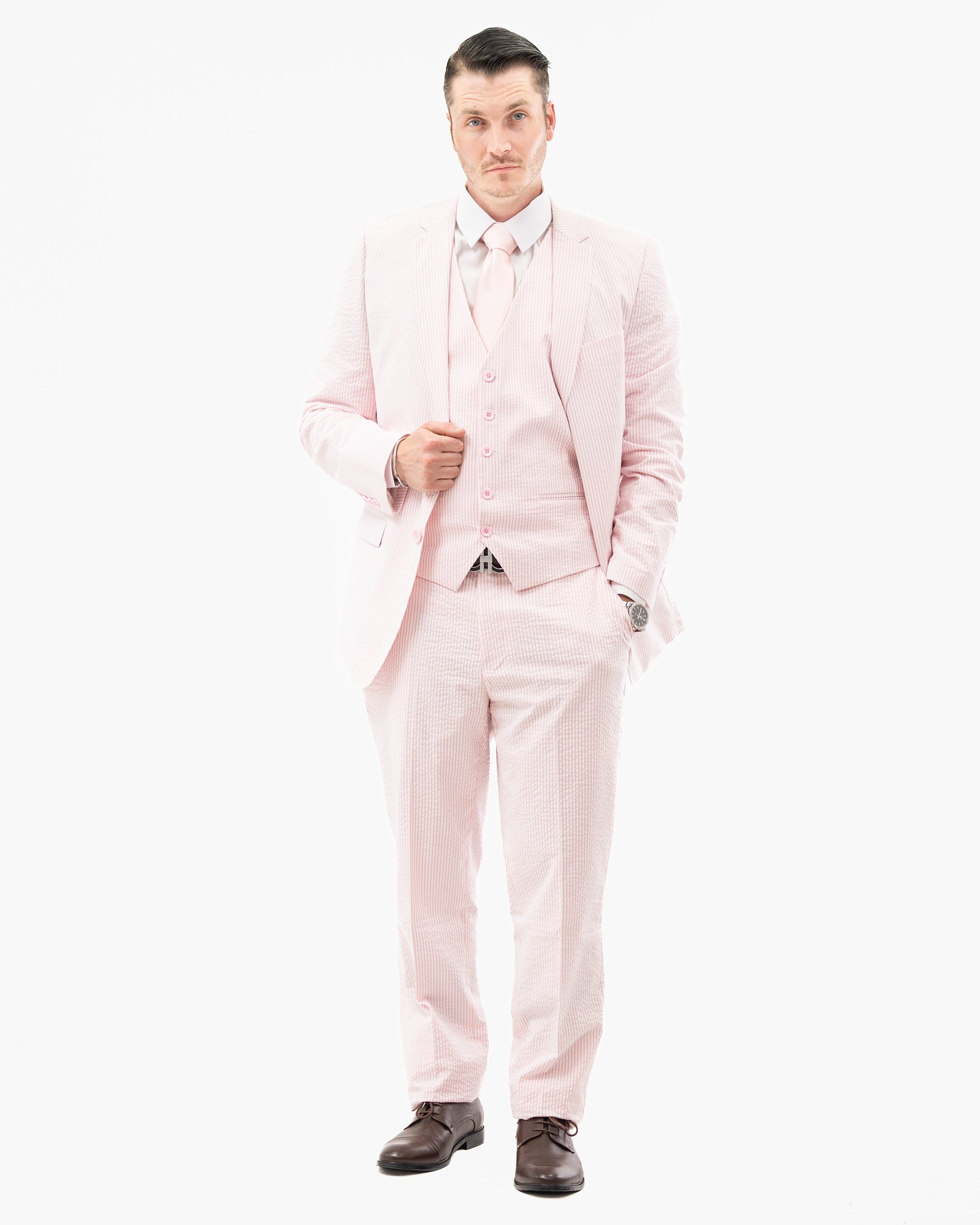 Pink Seersucker 3-Piece Slim-Fit Suit