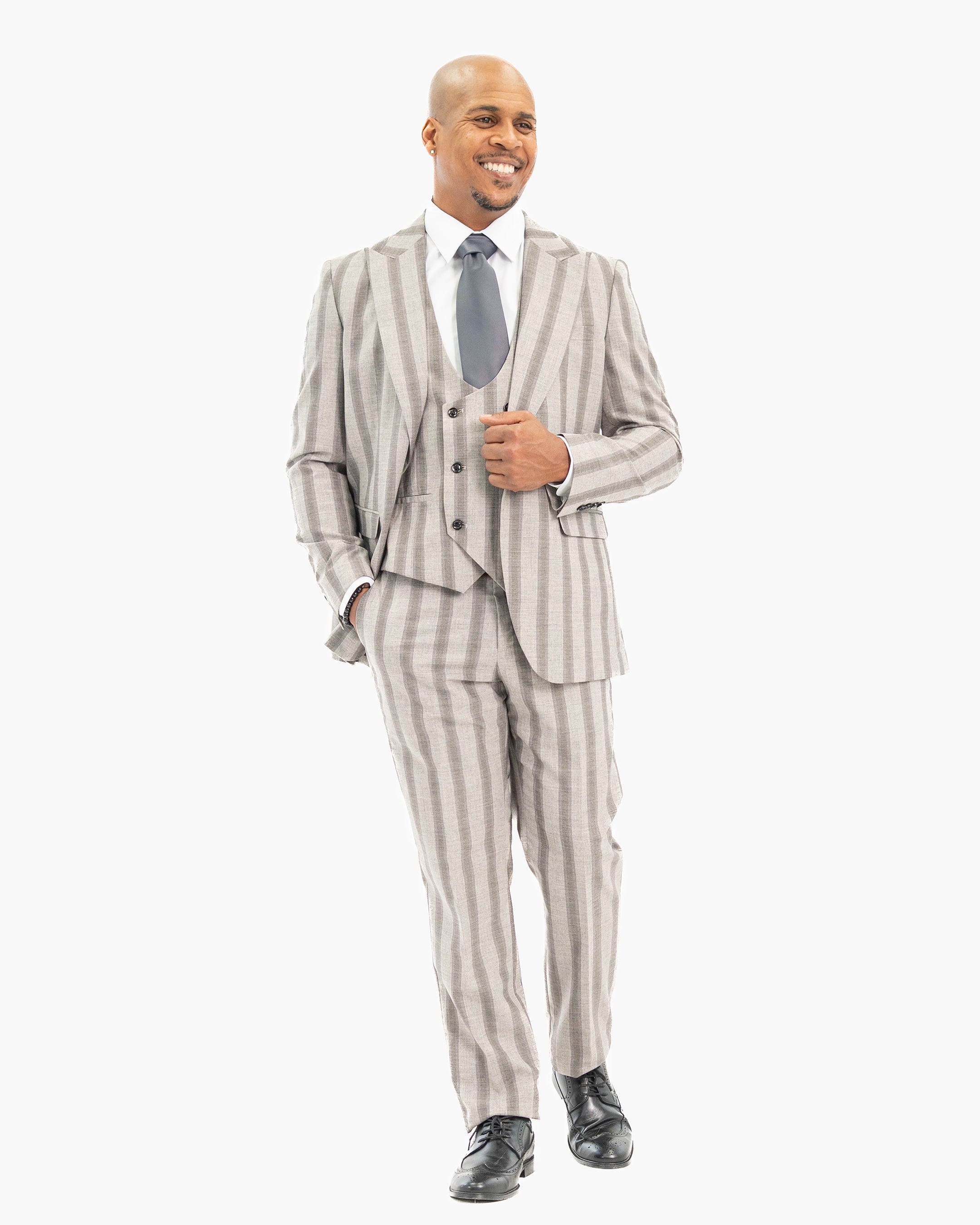 Light Gray Multitrack Stripe 3-Piece Tailored-Fit Suit