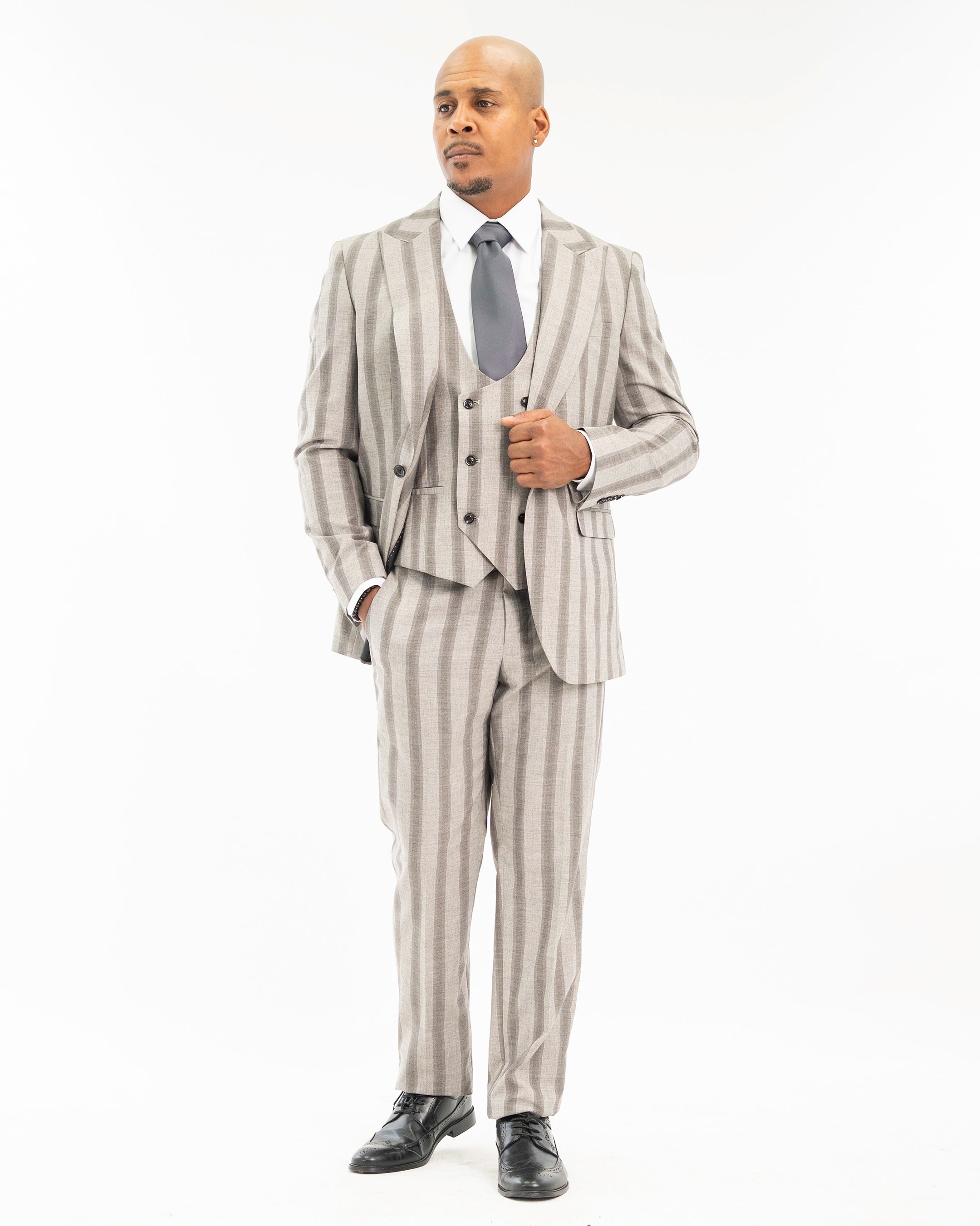Light Gray Multitrack Stripe 3-Piece Tailored-Fit Suit