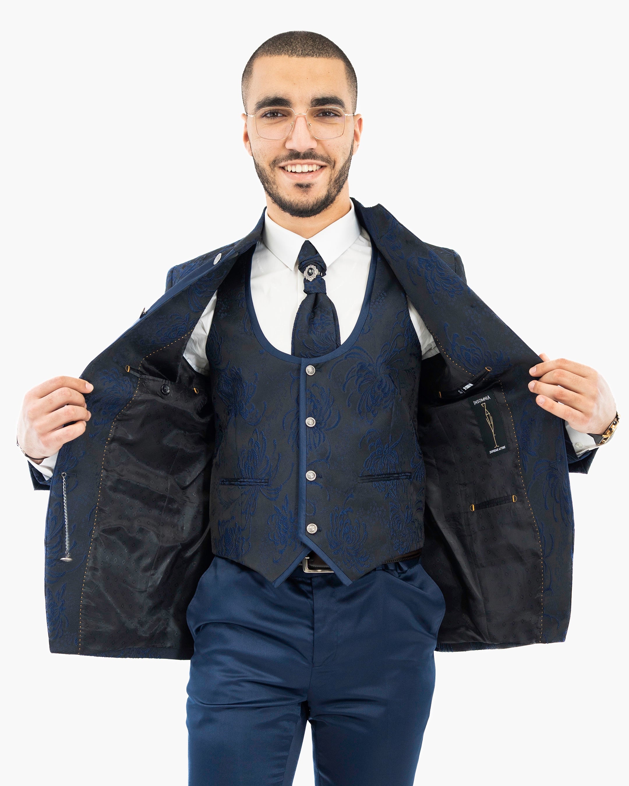 Midnight Floral 3-Piece Slim-Fit Tuxedo with Mandarin Collar