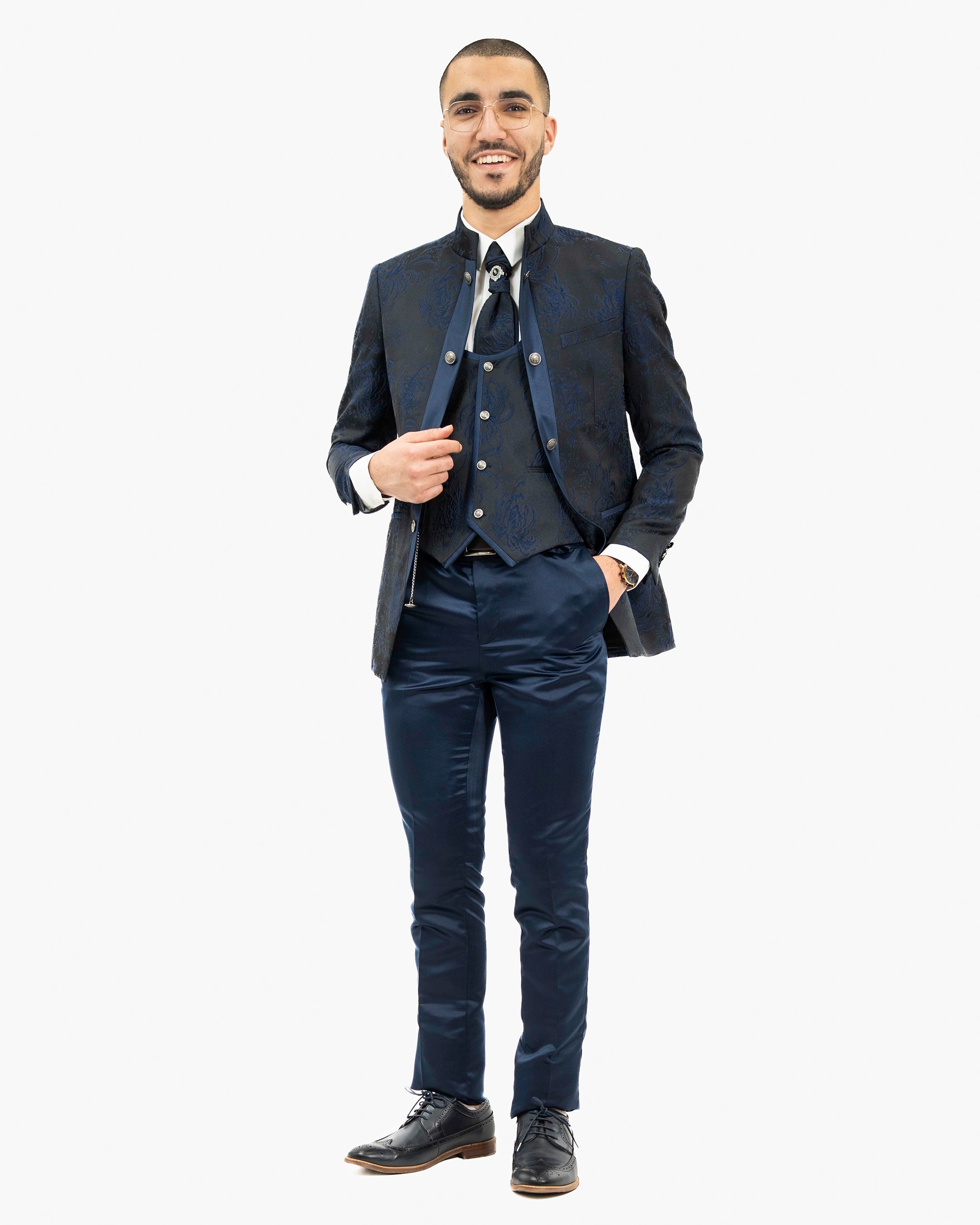Midnight Floral 3-Piece Slim-Fit Tuxedo with Mandarin Collar