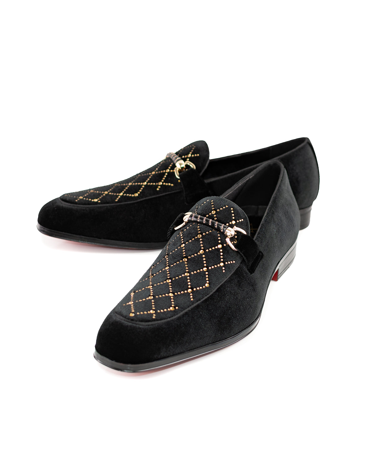 Black Suede Smoking Loafer with Rhinestone Flourish Shoe | Front View | Dolce Vesta