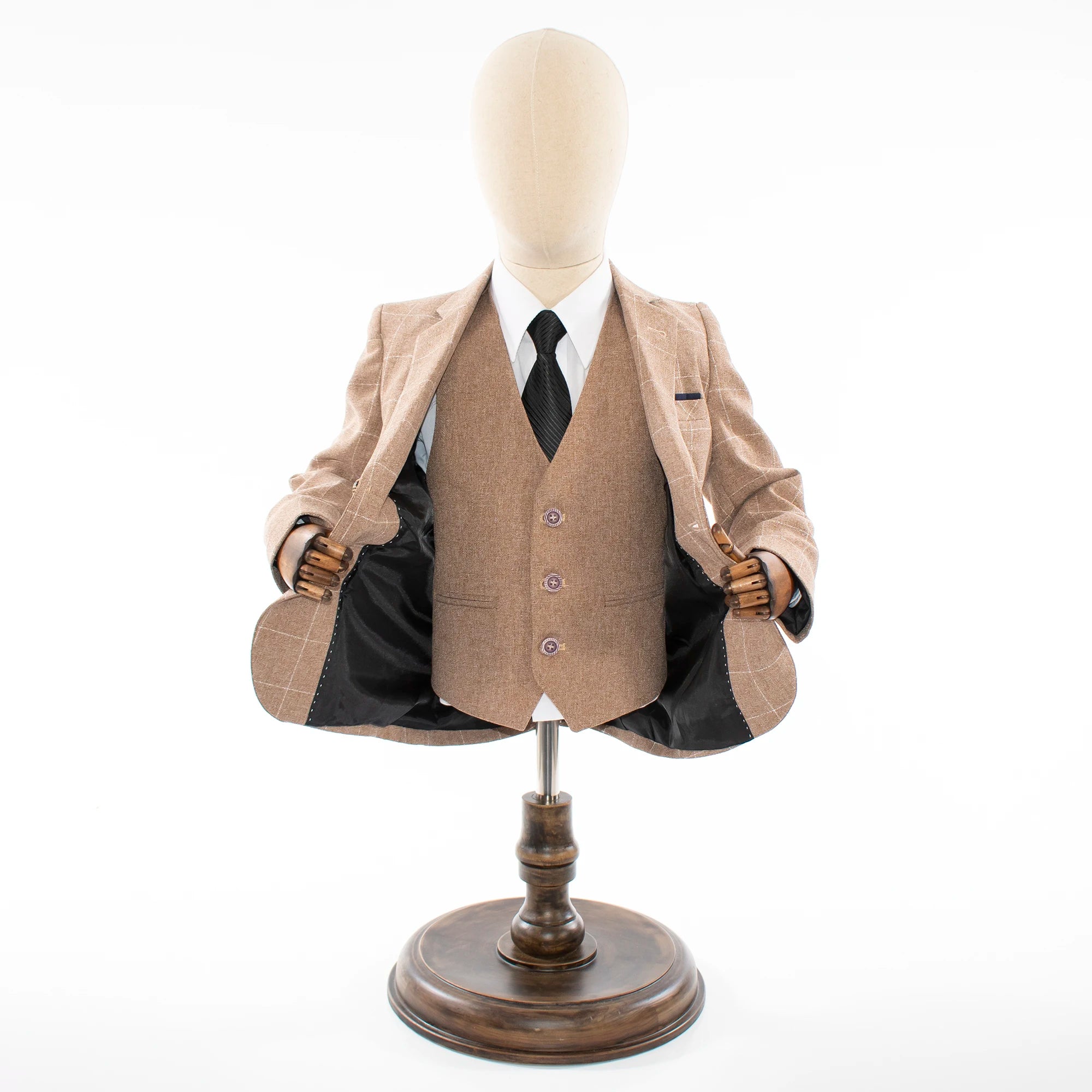 Kids' Sand Brown Windowplane Plaid 3-Piece Suit