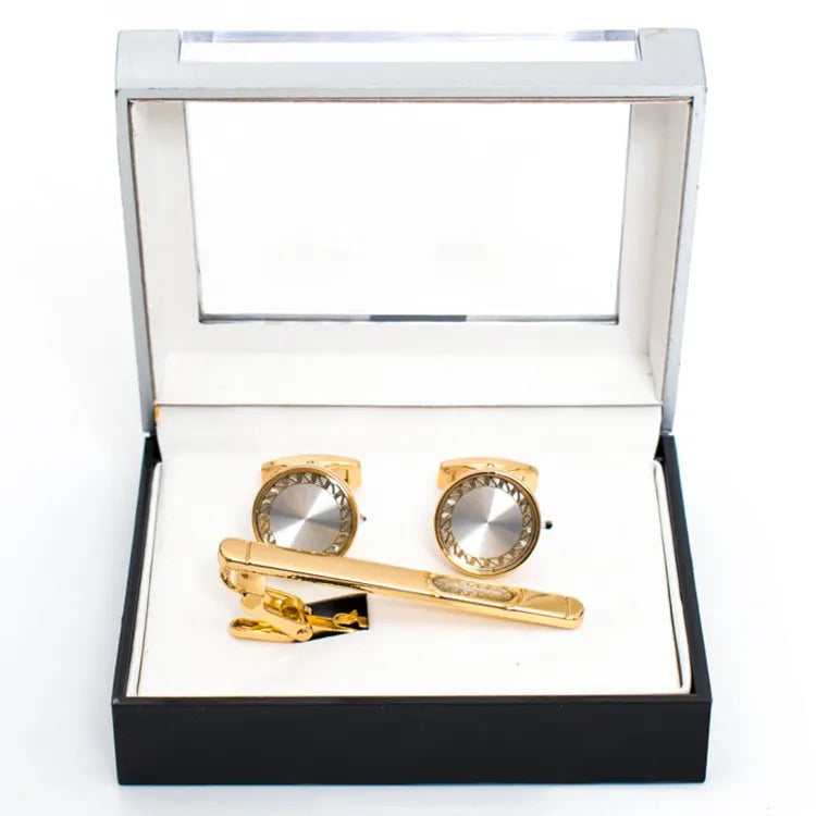 Gold Framed Gem Cufflink Tie-Bar Set