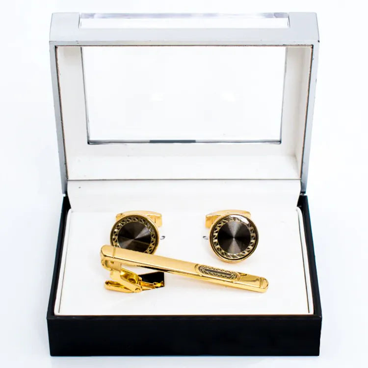 Gold Framed Gem Cufflink Tie-Bar Set