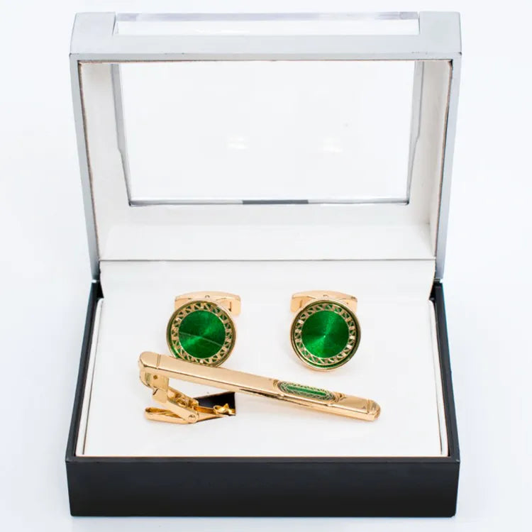 Gold Framed Gem Cufflink Tie-Bar Set