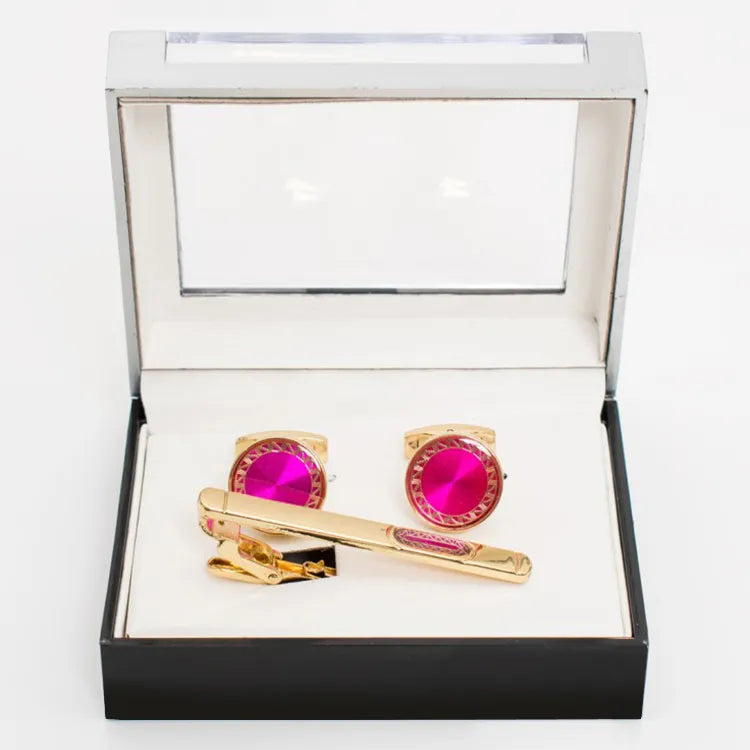 Gold Framed Gem Cufflink Tie-Bar Set